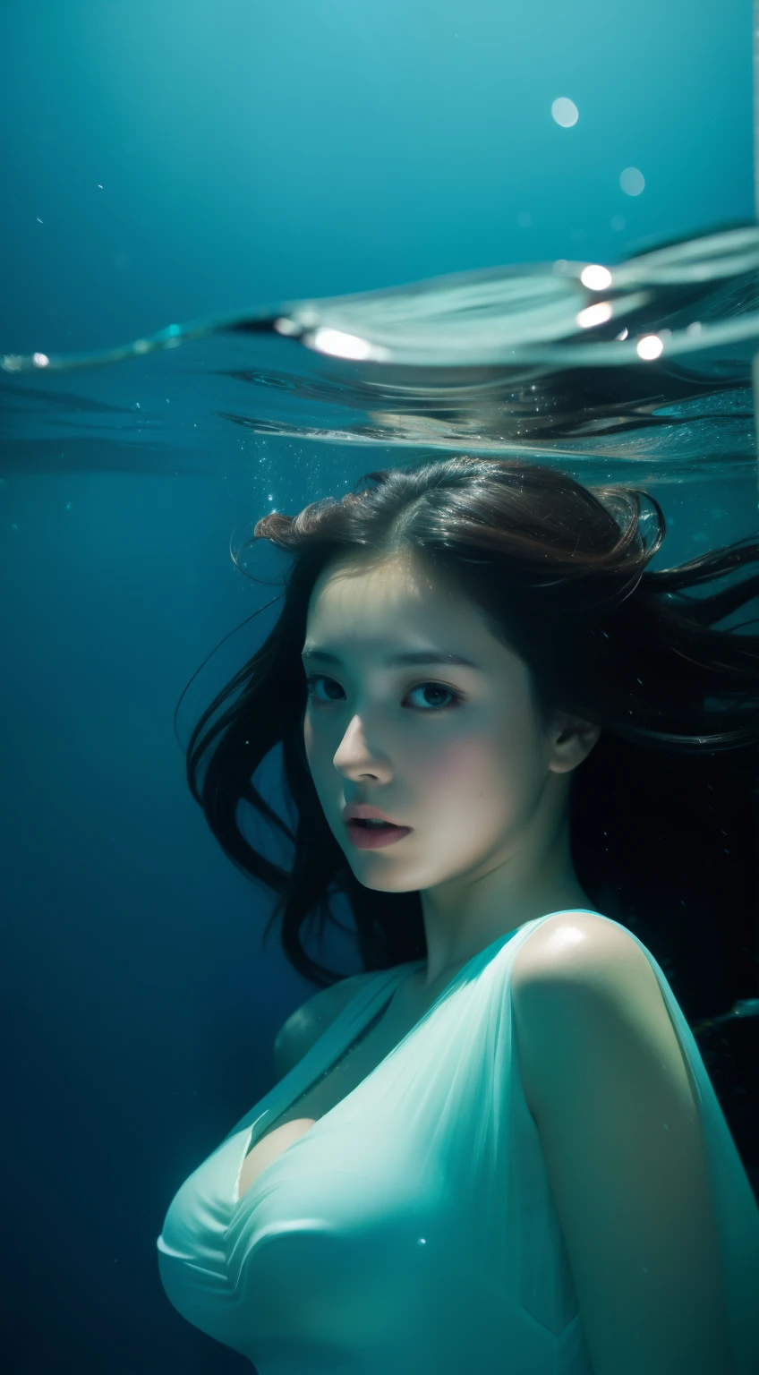 (RAW photo, Best quality), (Realistic, photo-realistic:1.2),High quality, 1girll,delicated face,Evening dress,Under water