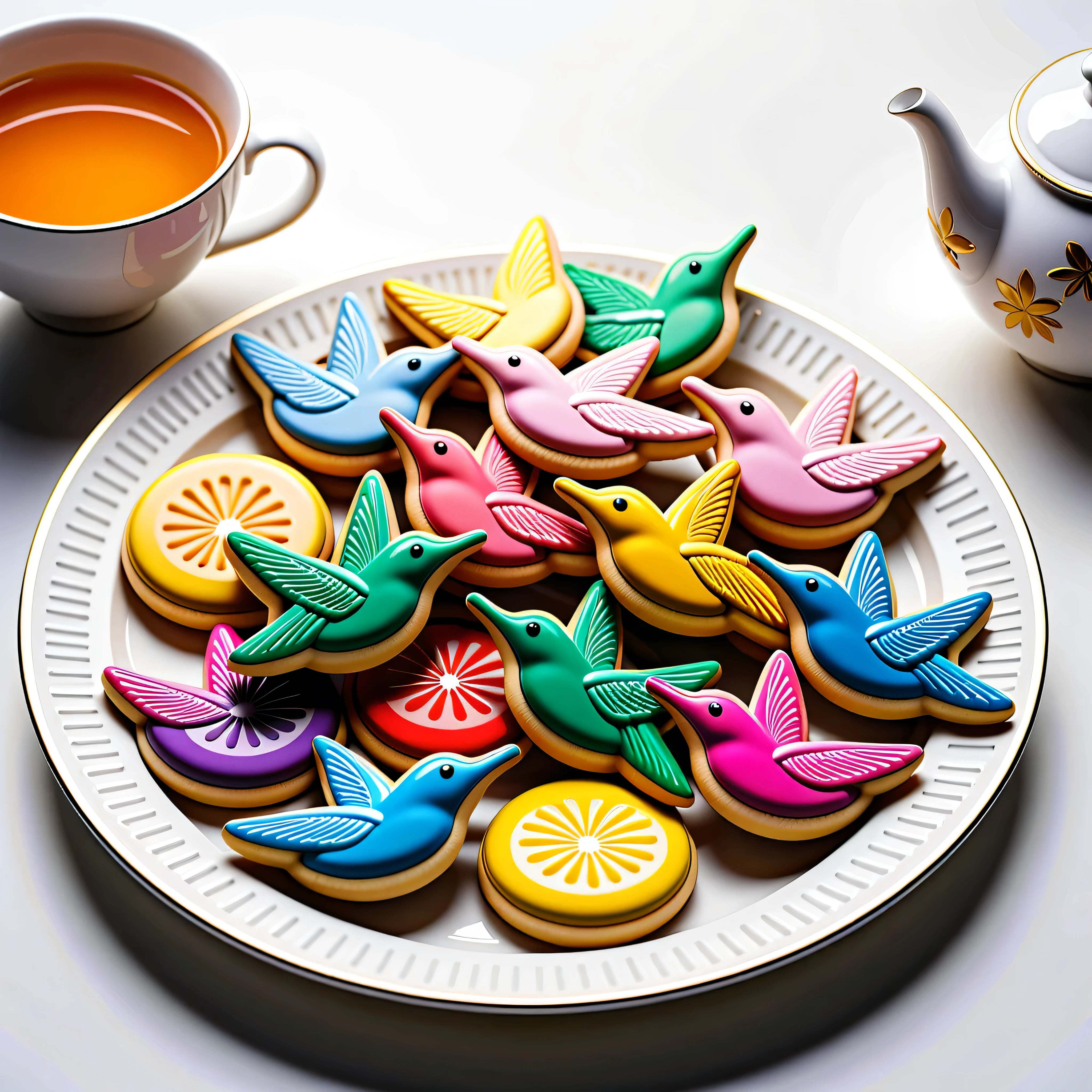 Masterpiece in maximum 16K resolution, superb quality, close up of an elegant decorative plate with a variety of colorful (hummingbird-shaped cookies), the cookies has playful design, the plate is made of finest porcelain and positioned on an empty white table with gothic patterns, a cup of hot tea nearby, delicate, dimly lit. | ((More_Detail))