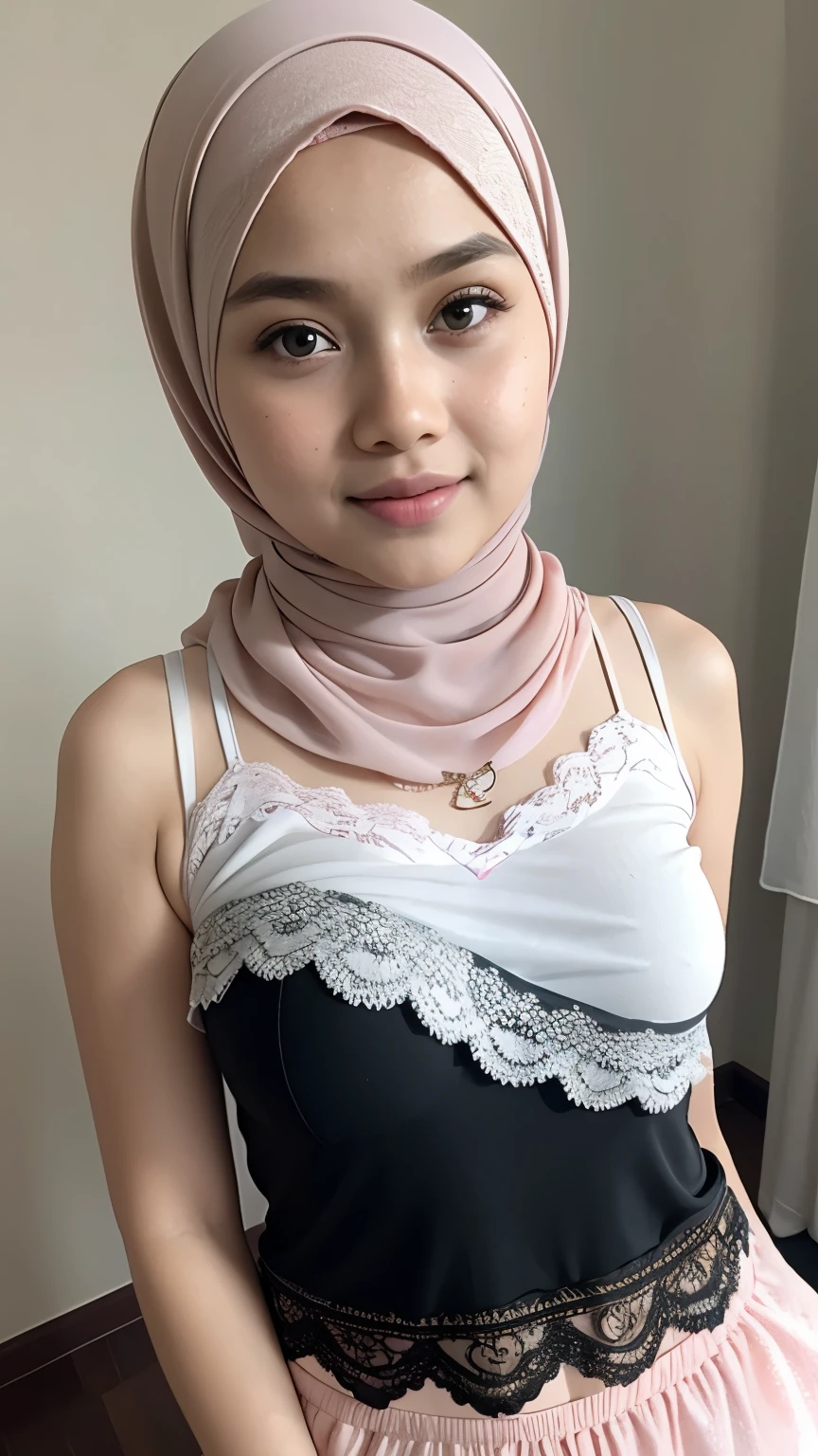 (Wearing Pastel tank top pattern Flowers), (((HIJAB MALAY GIRL))), masutepiece, High quality, UHD 32K, Realistic face, Realistic skin feeling , A Malay Lady, 8 years old, , Very cute and baby-like face, (((FLAT CHEST))), (MATRIX WORLD), ((look In front  at the camera and SADNESS)), ((())), (((CUTE GIRL))), ((TRANSPARENT)), ((BLACK LIPS)), ((WHITE LACE)), ((TRANSPARENT)), ((CHUBBY)), (undress).