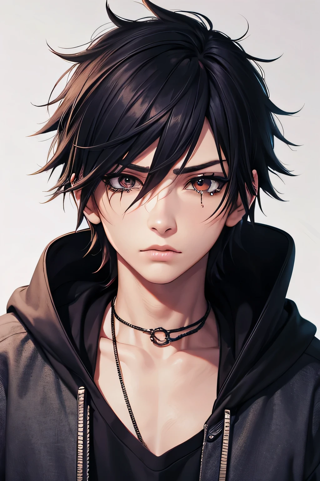 anime, semi-realistic, young adult, emo, cute, edgy, hoodie, male, rockstar, portrait, eyeliner, eye shadow, sad, crying