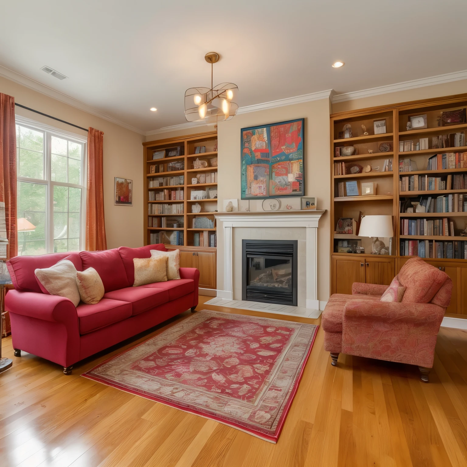 In this ultra-detailed and photorealistic image, we see a heartwarming scene of a close-knit family gathering in their spacious and beautifully decorated living room. The décor exudes a modern elegance, with floor-to-ceiling windows allowing an abundance of natural light to illuminate the freshly painted walls and gleaming hardwood floors. The room is adorned with happy family portraits and filled with soft, comfortable couches adorned with fluffy pillows and blankets.
The focal point of the room is a large bookshelf filled with books and keepsakes, showcasing the family's love for knowledge and cherished memories. The walls are adorned with artwork that adds a touch of vibrancy to the space, while modern lighting fixtures create a cozy ambiance.
A beautifully decorated fireplace adds a