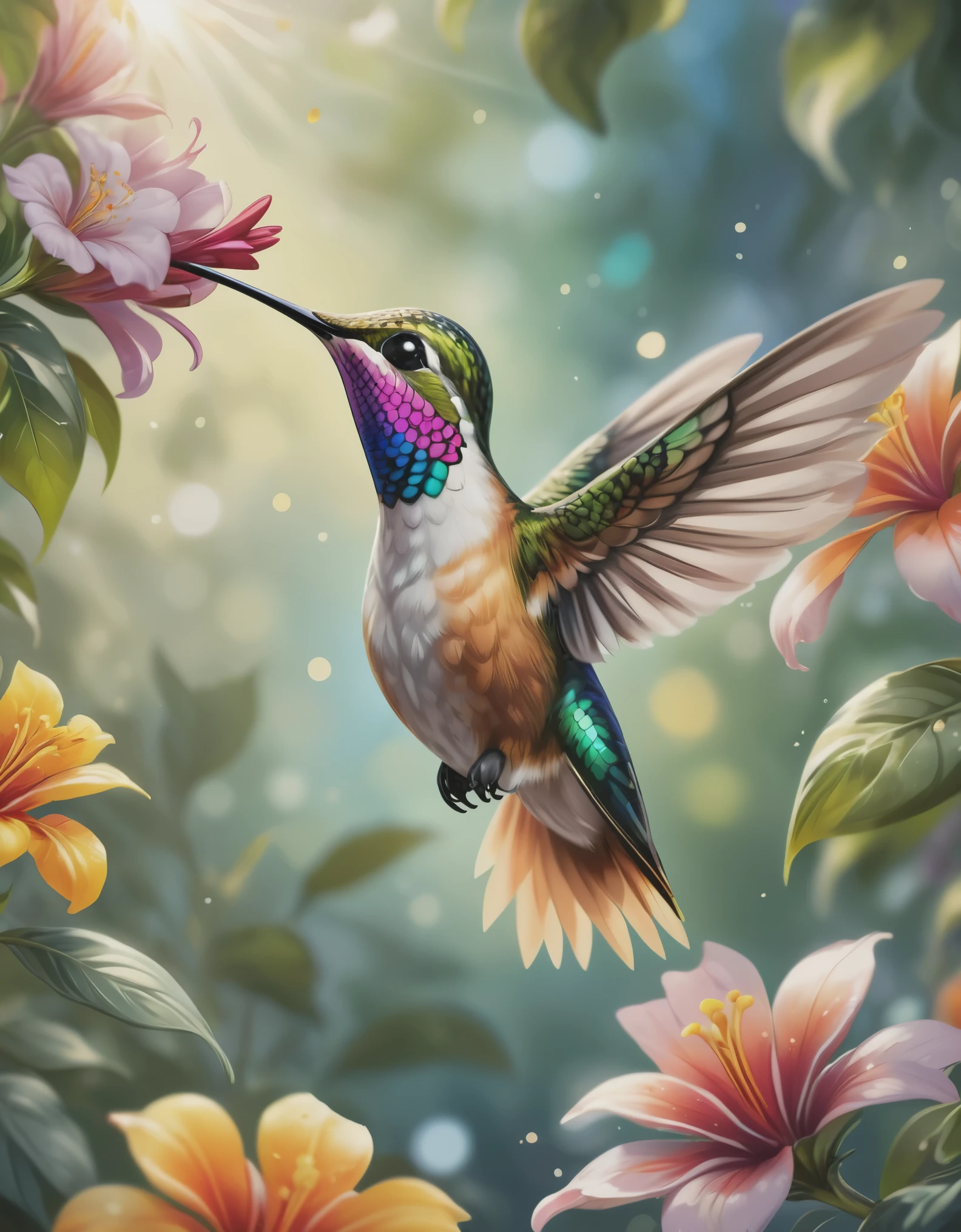 Detailed and whimsical illustrations with beautiful compositions and smooth lines, showcasing delicate linework. The artwork should have a sense of playfulness and imagination. Include elements of birds and flowers, giving them high emphasis and extraordinary detail. The colors should be soft and the lighting subtle. The image quality should be the highest, with a resolution of 4k or 8k, ensuring every detail is visible. The overall style can be described as line art, with a touch of fantasy and elegance.best quality,ultra-detailed,hummingbird in flight,beautiful vibrant feathers,long beak and tongue,sipping nectar from colorful flowers,hovering mid-air,quick flapping wings,graceful and agile,shimmering in the sunlight,nature's delicate masterpiece,botanical garden backdrop,vivid colors,bokeh,photorealistic
