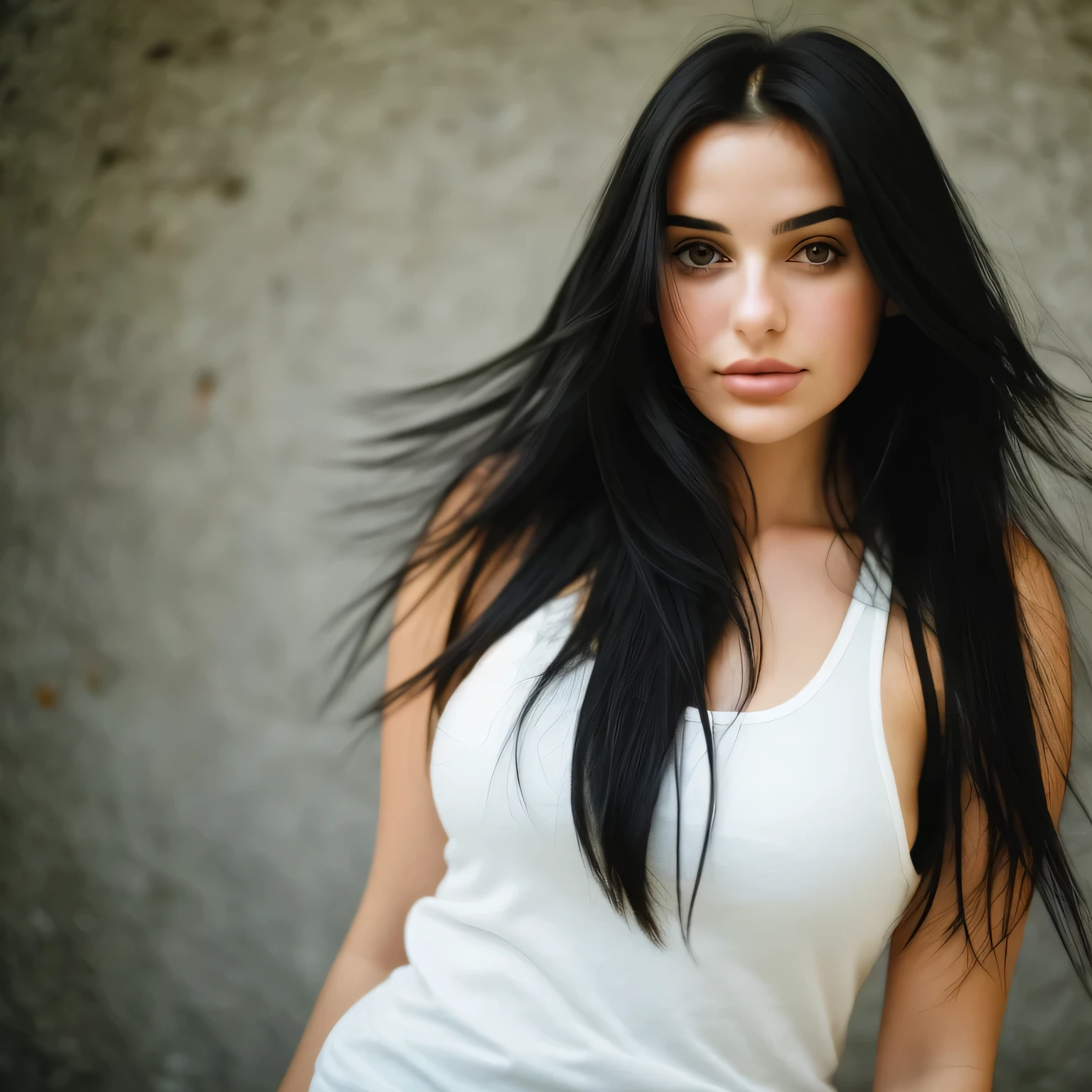 Arafed woman with long black hair and white tank , lindo rosto latino, foto de uma mulher bonita, Retrato de 50mm, cinematic headshot portrait, Retrato de 60mm, 7 0 mm portrait, Retrato Sophie Mudd, cabelos pretos e olhos grandes, medium portrait soft light, cabelos pretos e olhos castanhos, Retrato mid-shot de uma bela
