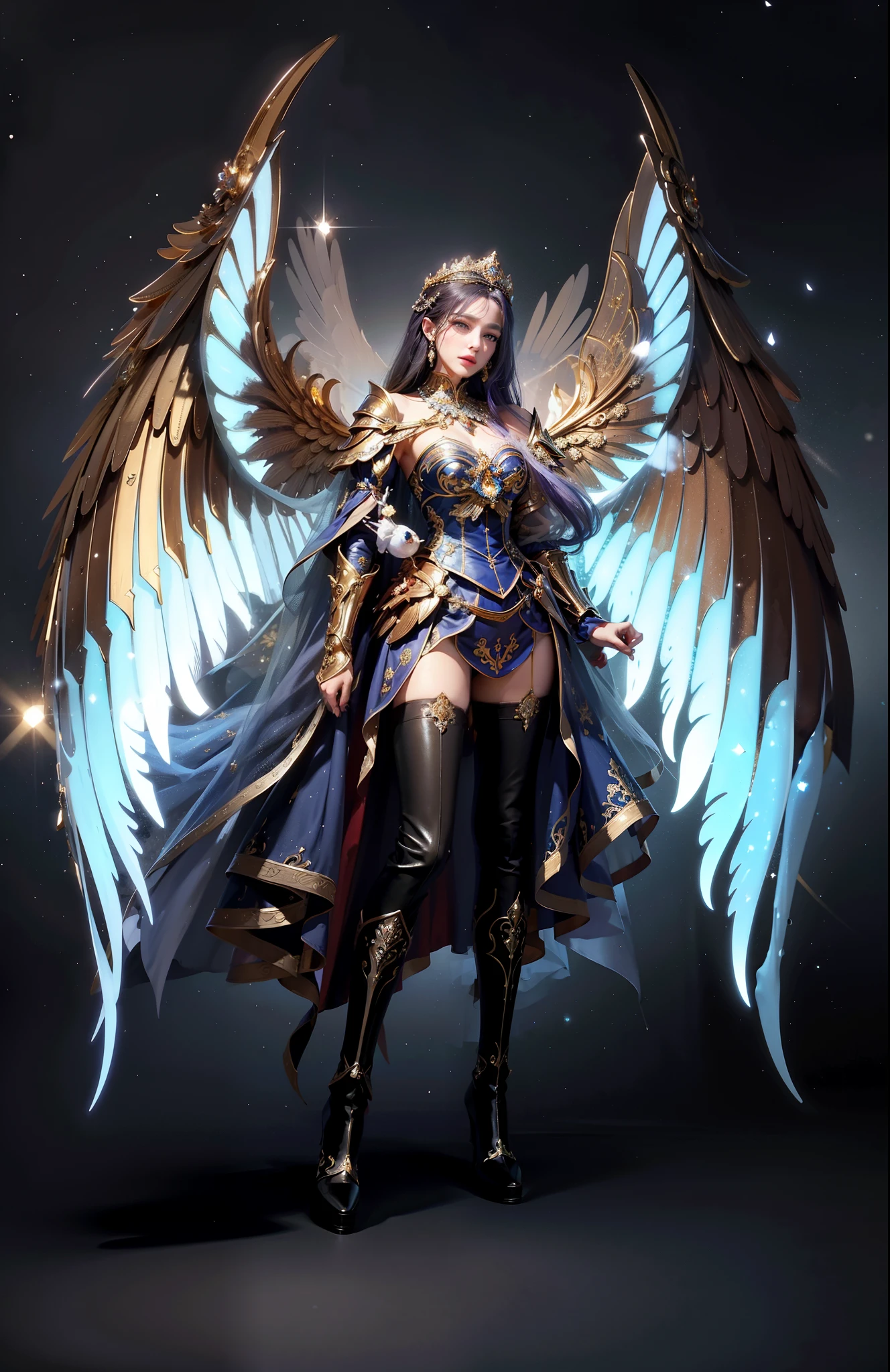 Royal sister,exquisite eyes,Detailed facial expressions body,tall figure,Leg length,4k,HD,translucent lace,Fair and plump figure,pretty face,Little cherry mouth,beautiful and delicious(3D royal sister),exquisite dress,Wear crystal jewelry,Gorgeous Sapphire Crystal Diamond Pearl Gown,Angel of Light,Paladin Armor,Wear red gold boots,wing