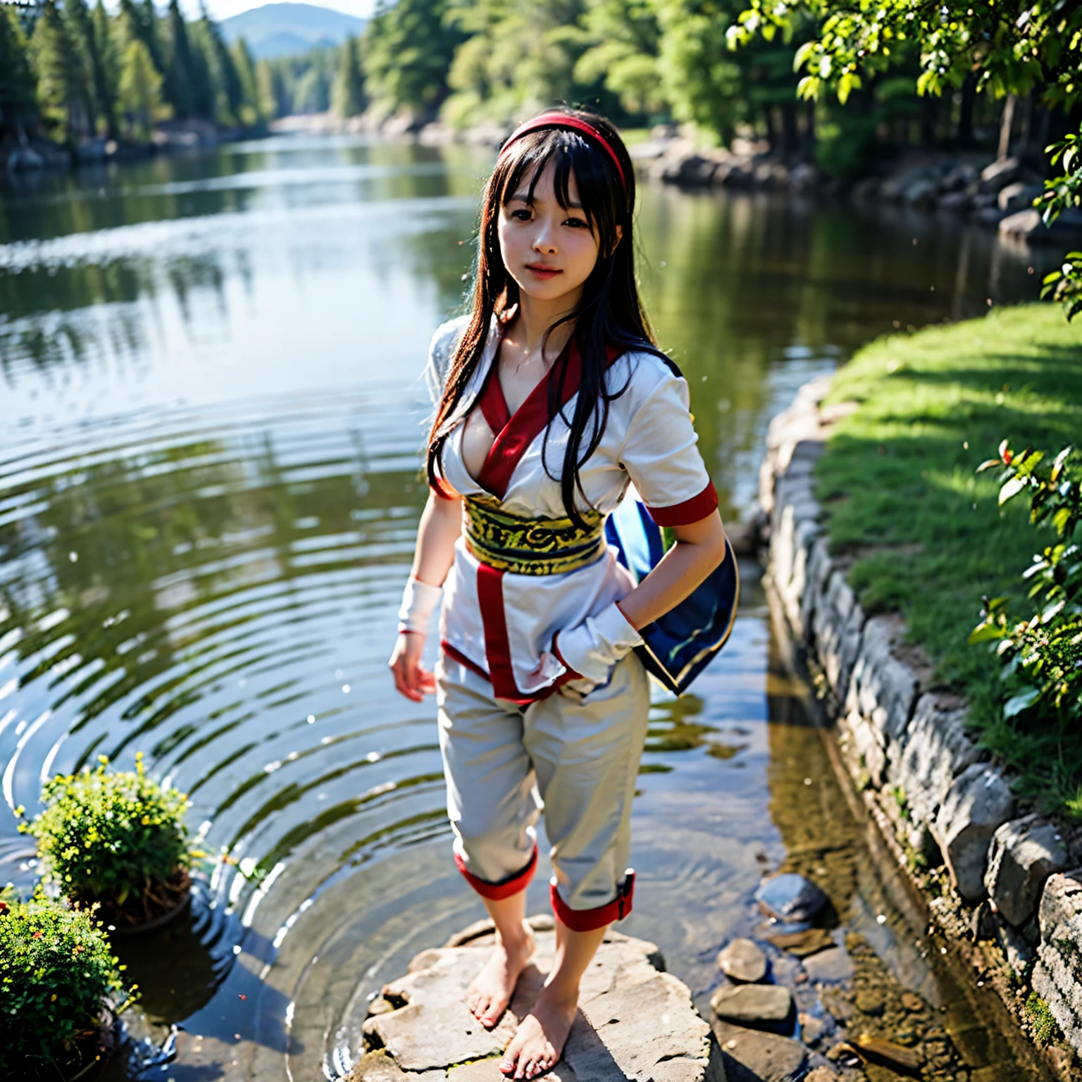 (masterpiece, best quality:1.2), (8k uhd, 16k, 32k, ultra high res), (photorealistic:1.4), Standing, poised by the shining lakeside water with a viewof the castle, elf, , skinny body, flat chest, one girl, clear stream deep in the mountains, falling, bathing, confused, light smile, official art, red bow, bow, hair length, hair ribbon, wet clothes, wet skin, ainu costume, solo, hair band, birds, black hair,Fingerless Gloves, Short Sleeves, Gloves, Pants, Bangs, Red Hairband, Brown Eyes, White Pants, General, (Small Breasts, Exposed Breasts, Barefoot, Barefoot:1.5), Dramatic Light and Shadow, Solar Flare, Lens Flare, Blurred Foreground, (Film Lighting), Soft Lighting, Dynamic English, Filmlighting, dynamic angles.