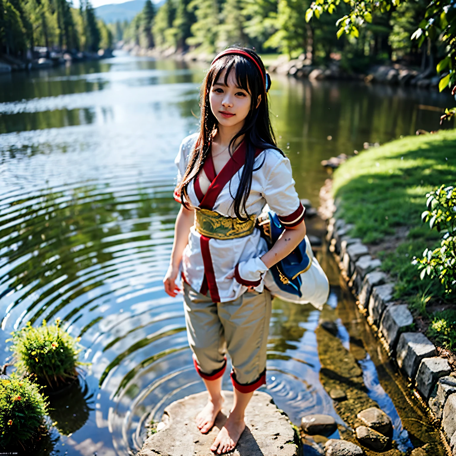 (masterpiece, best quality:1.2), (8k uhd, 16k, 32k, ultra high res), (photorealistic:1.4), Standing, poised by the shining lakeside water with a viewof the castle, elf, , skinny body, flat chest, one girl, clear stream deep in the mountains, falling, bathing, confused, light smile, official art, red bow, bow, hair length, hair ribbon, wet clothes, wet skin, ainu costume, solo, hair band, birds, black hair,Fingerless Gloves, Short Sleeves, Gloves, Pants, Bangs, Red Hairband, Brown Eyes, White Pants, General, (Small Breasts, Exposed Breasts, Barefoot, Barefoot:1.5), Dramatic Light and Shadow, Solar Flare, Lens Flare, Blurred Foreground, (Film Lighting), Soft Lighting, Dynamic English, Filmlighting, dynamic angles.