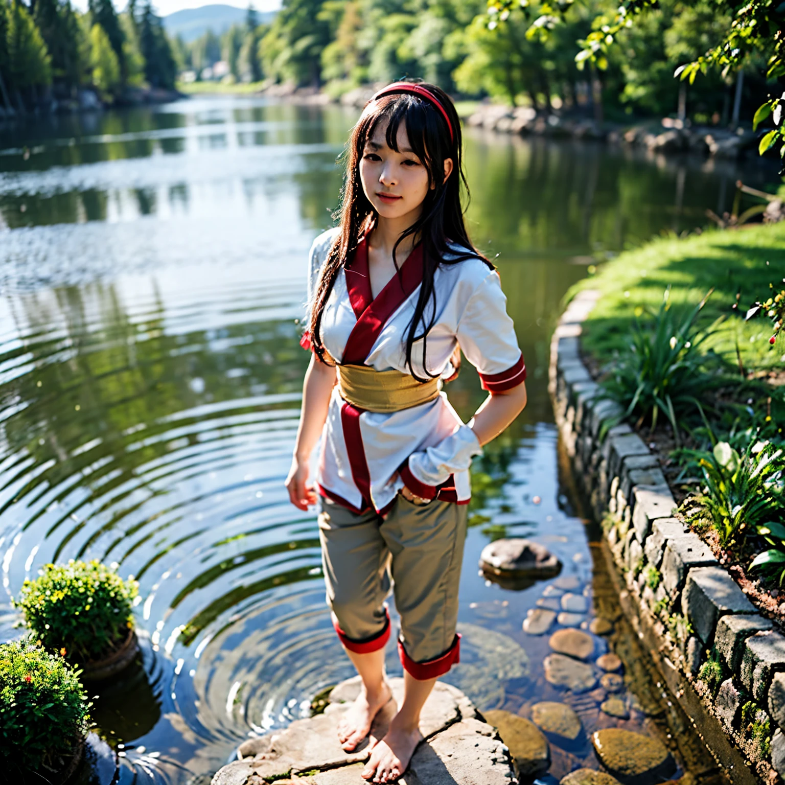 (masterpiece, best quality:1.2), (8k uhd, 16k, 32k, ultra high res), (photorealistic:1.4), Standing, poised by the shining lakeside water with a viewof the castle, elf, , skinny body, flat chest, one girl, clear stream deep in the mountains, falling, bathing, confused, light smile, official art, red bow, bow, hair length, hair ribbon, wet clothes, wet skin, ainu costume, solo, hair band, birds, black hair,Fingerless Gloves, Short Sleeves, Gloves, Pants, Bangs, Red Hairband, Brown Eyes, White Pants, General, (Small Breasts, Exposed Breasts, Barefoot, Barefoot:1.5), Dramatic Light and Shadow, Solar Flare, Lens Flare, Blurred Foreground, (Film Lighting), Soft Lighting, Dynamic English, Filmlighting, dynamic angles.