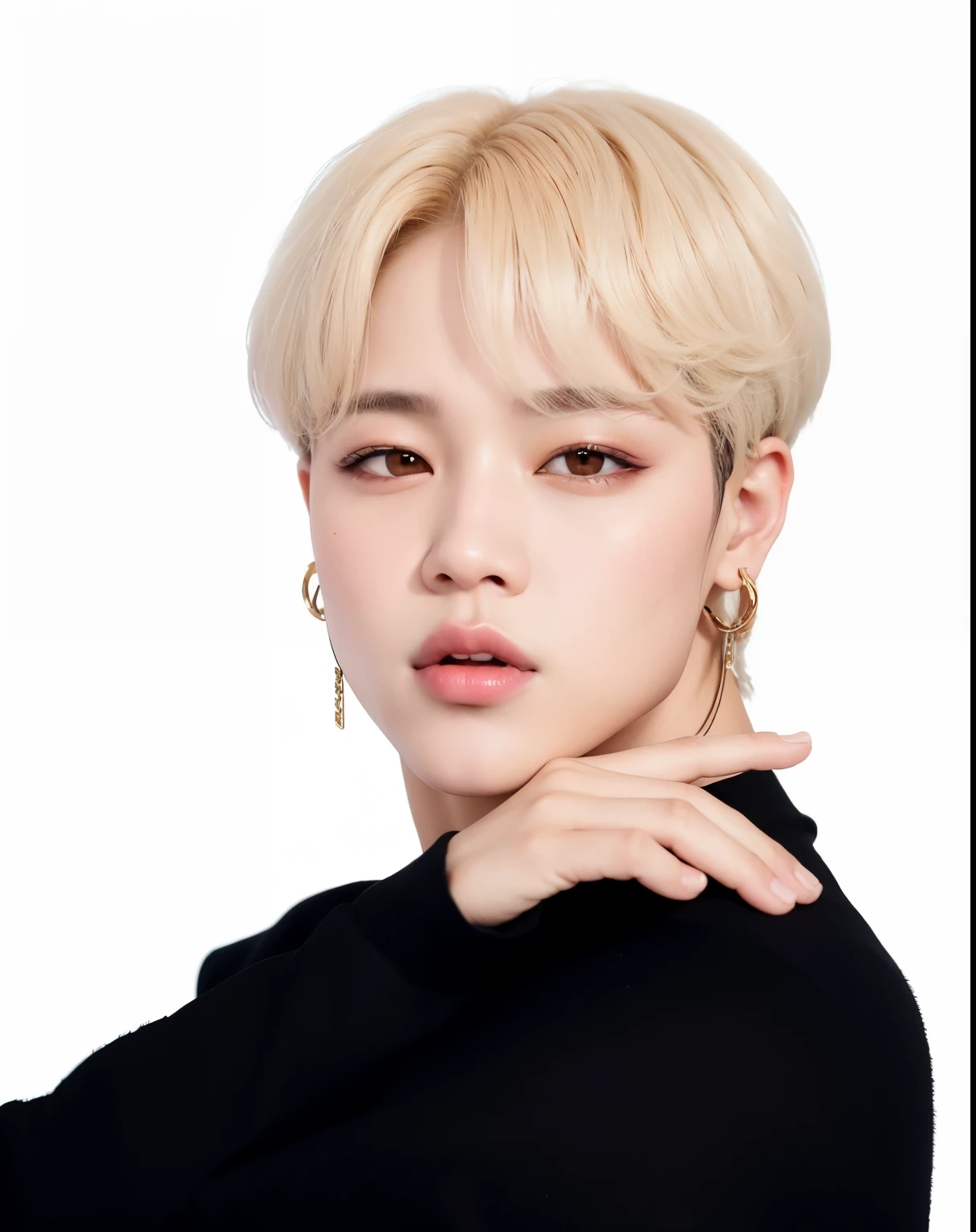um close de uma pessoa com uma camisa preta e cabelo loiro, Jimin, Jimin\fleshy lips, Parque Jimin, Jimin\the right eyelid is swollen, Rosto Jimin preciso, Jimin\Nariz grego, hyung tae, Retrato de Jossi do Blackpink, kpop idol portrait, Jung Jaehyun, De mim, Hong junho hyung