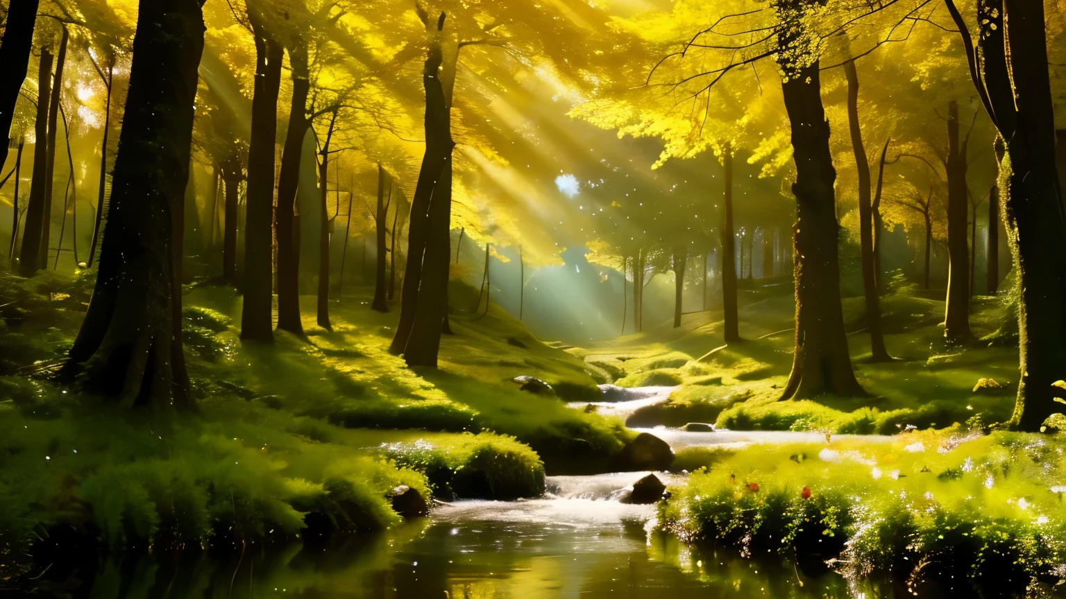 golden forest with a stream and trees in the middle, enchanted magical fantasy forest, magic fairy forest, magical fantasy forest, so magical and dreamy, magical forest, magical environment, enchanted and magical forest, magical forest backround, magical forest in the background, in a magical forest, fantastic dream-like atmosphere, magical colors and atmosphere, magical forest, magic background