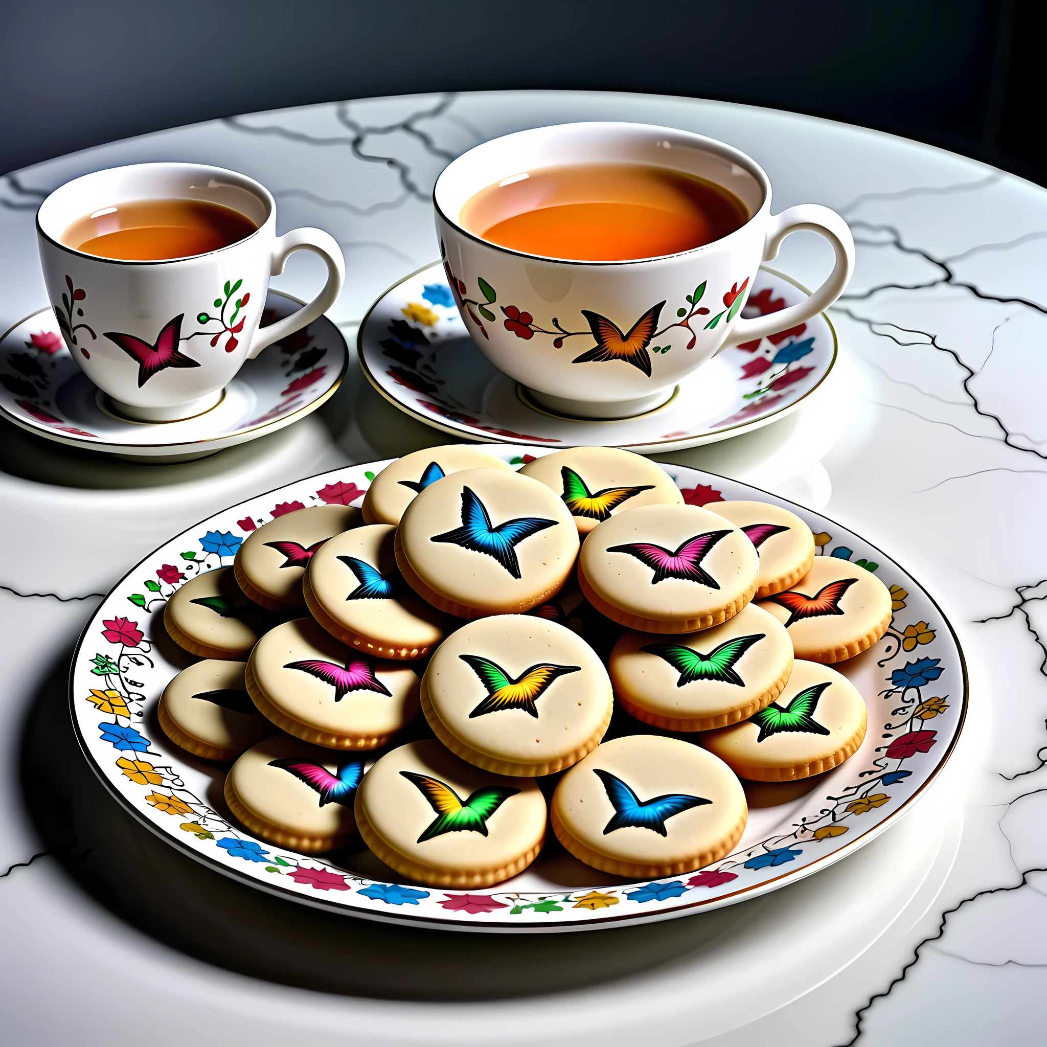 Masterpiece in maximum 16K resolution, superb quality, close up of an elegant decorative plate with a variety of colorful (hummingbird-shaped cookies), the cookies has playful design, the plate is made of finest porcelain and positioned on an empty white table with gothic patterns, a cup of hot tea nearby, delicate, dimly lit. | ((More_Detail))