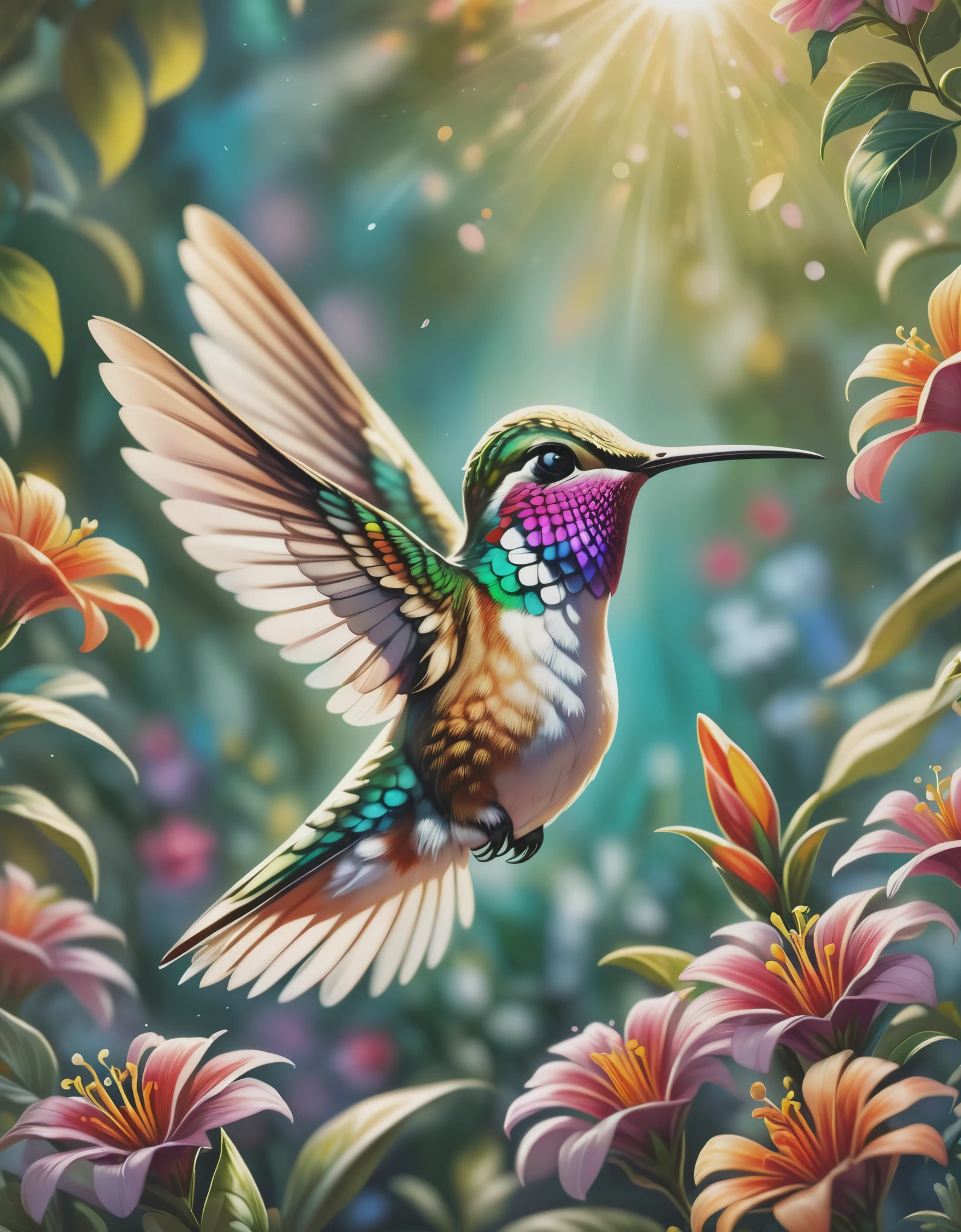 (best quality,4k,8k,highres,masterpiece:1.2),ultra-detailed,(realistic,photorealistic,photo-realistic:1.37),vivid colors,Hummingbird,sharp beak,beautiful feathers,beautiful crafts,complex details,artwork,display,exquisite，rain，Tropical rainforest