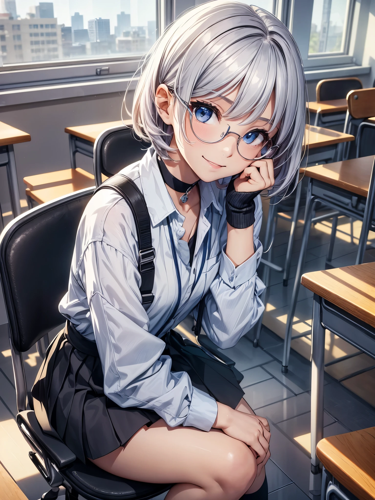 A girl sitting in a classroom, surrounded by desks and chairs. The classroom is filled with natural light coming in through the windows. The girl is 18 years old with blonde short hair, and her hair has a mix of blue color in it. She is sitting on a chair with her legs slightly spread apart. She is wearing glasses and has a mischievous smile on her face. Her smile is natural and her makeup is minimal. She is dressed in a high school uniform, consisting of a hoodle, blouse, skirt, neck chokers and black high socks with sneakers.she puts on fingerless gloves,The overall image quality is of the best quality, with ultra-detailed features and photorealistic rendering. The color scheme is vibrant, with a focus on vivid colors. The lighting in the classroom is soft and natural, enhancing the girl's features.