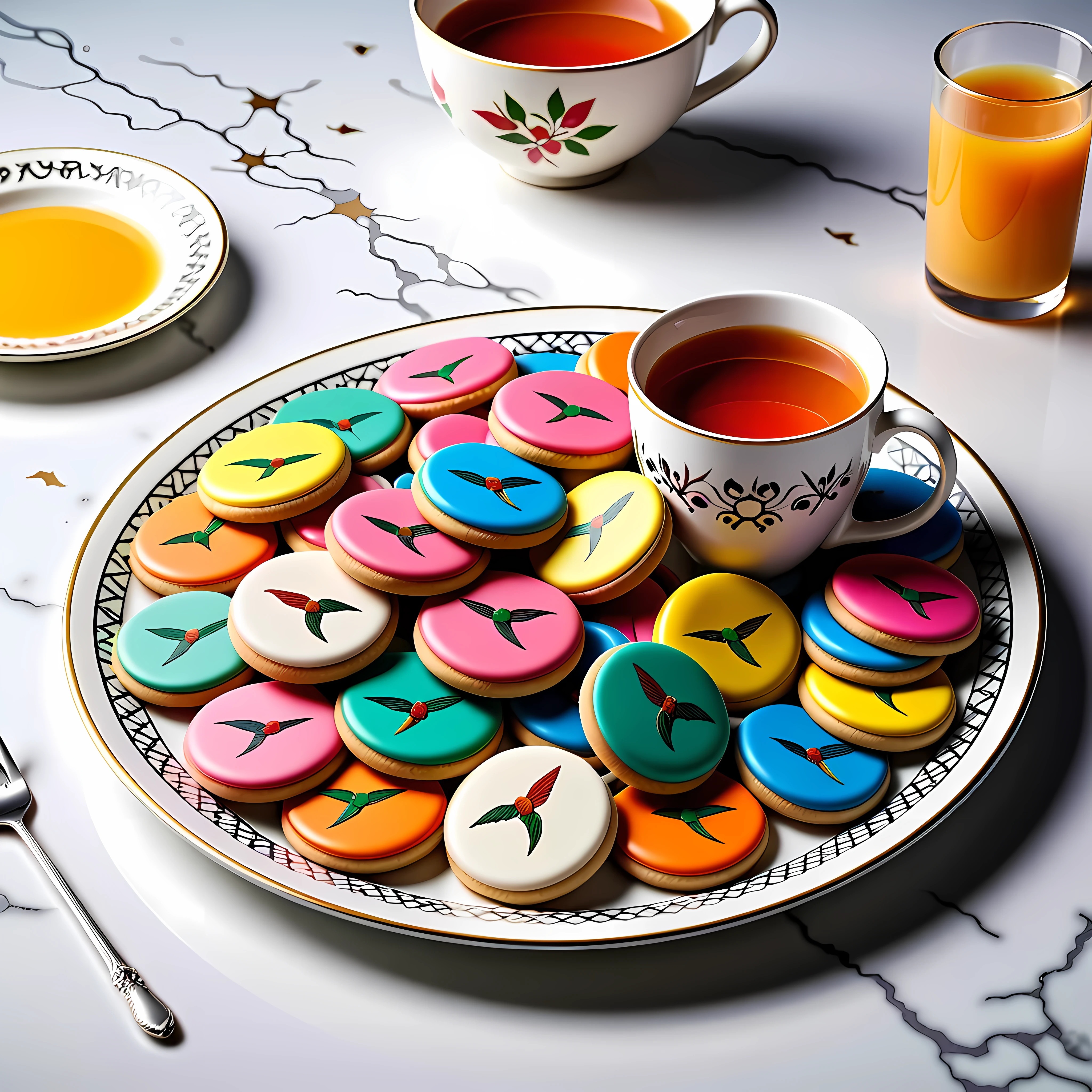 Masterpiece in maximum 16K resolution, superb quality, close up of an elegant decorative plate with a variety of colorful (hummingbird-shaped cookies), the cookies has playful design, the plate is made of finest porcelain and positioned on an empty white table with gothic patterns, a cup of hot tea nearby, delicate, dimly lit. | ((More_Detail))