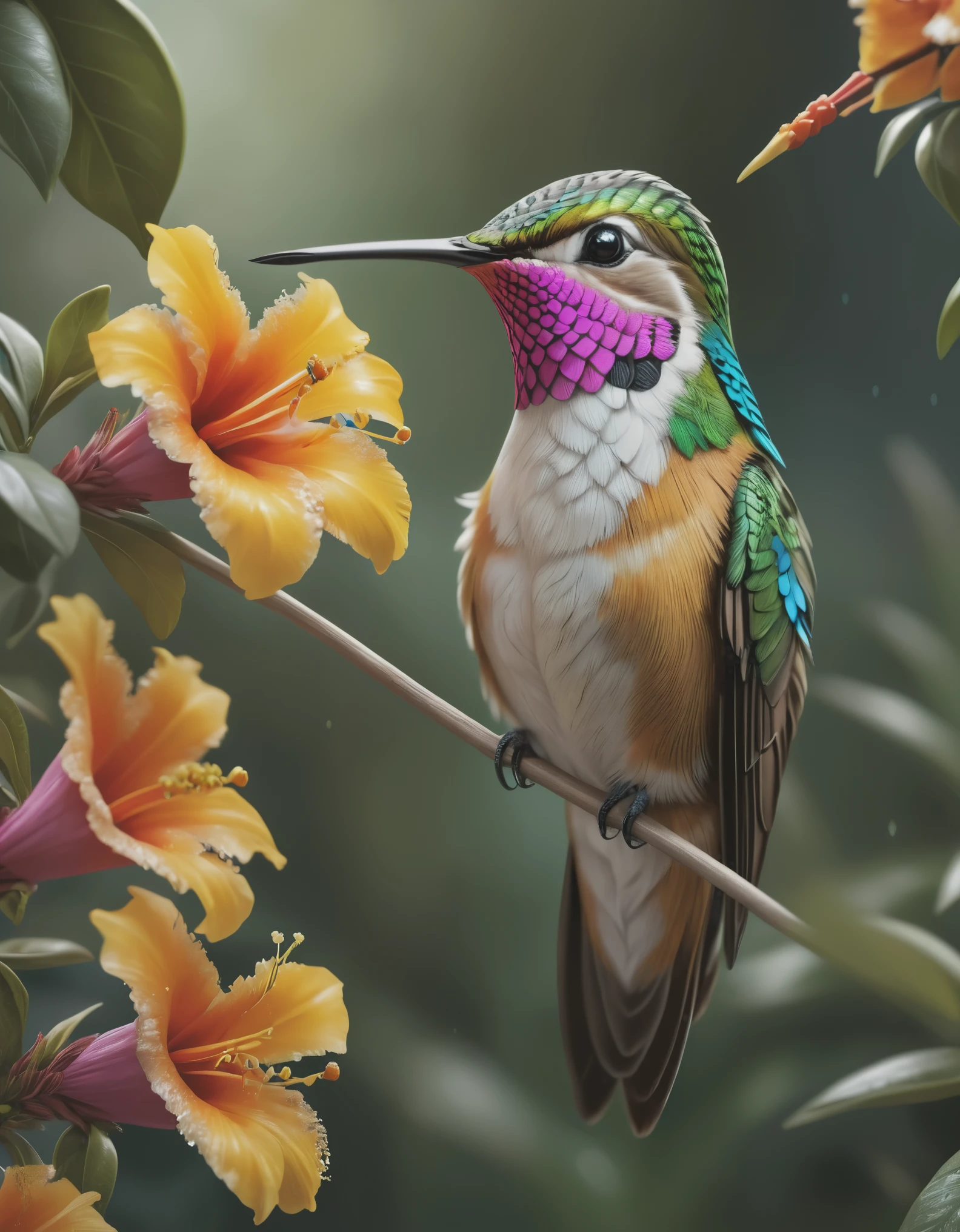 (best quality,4k,8k,highres,masterpiece:1.2),ultra-detailed,(realistic,photorealistic,photo-realistic:1.37),vivid colors,Hummingbird,sharp beak,beautiful feathers,beautiful crafts,complex details,artwork,display,exquisite