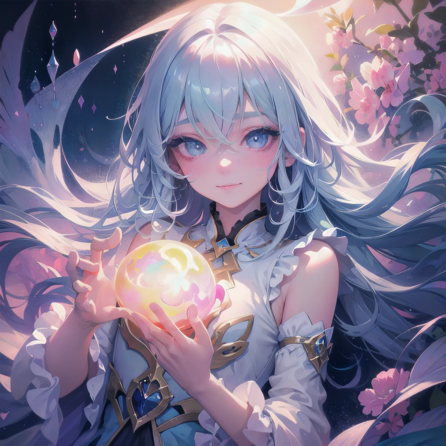 a boy equals a girl,surreal,vibrant colors,dreamlike atmosphere,impressionistic,soft brushstrokes,magical realism,ethereal lighting,whimsical,hazy,beautiful detailed eyes,long eyelashes,playful smile