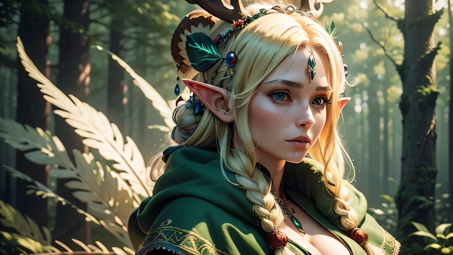 (Best quality,4k,A high resolution,Masterpiece:1.2),ultra detailed,(Realistic:1.37) elf, One, shaman, headdress with deer skull, feathers, blonde hair, huge neat bun, forest background, LF, green robes,