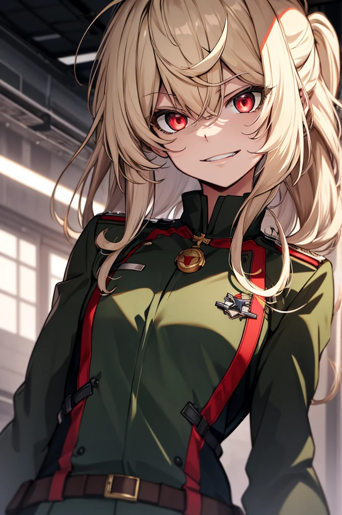 (masterpiece, best quality: 1.1), 1girl solo, tanya, 1girl, solo, , flat chest, small breasts, curvy, military, military uniform, ,, evil smile, wicked expression, anger, red eyes, neutral lighting