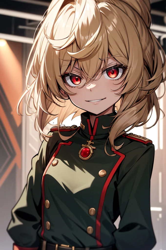 (masterpiece, best quality: 1.1), 1girl solo, tanya, 1girl, solo, , flat chest, small breasts, curvy, military, military uniform, ,, evil smile, wicked expression, anger, red eyes, neutral lighting
