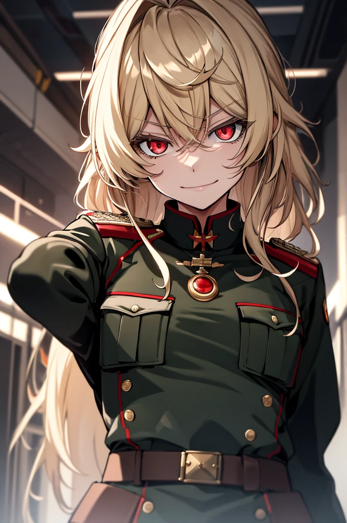 (masterpiece, best quality: 1.1), 1girl solo, tanya, 1girl, solo, , flat chest, small breasts, curvy, military, military uniform, ,, evil smile, wicked expression, anger, red eyes, neutral lighting