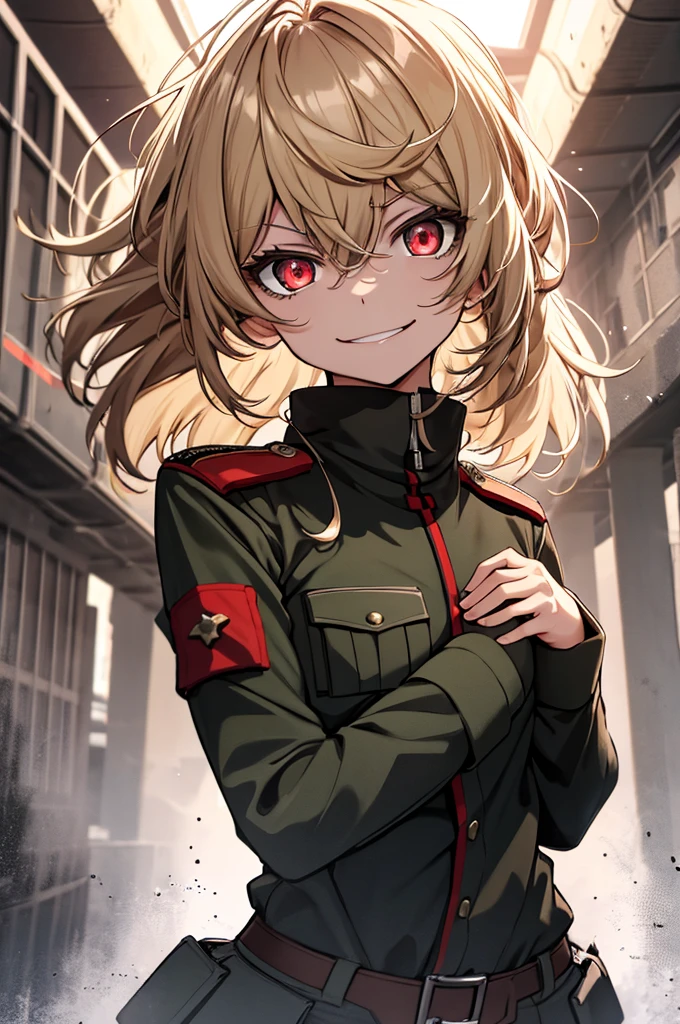 (masterpiece, best quality: 1.1), 1girl solo, tanya, 1girl, solo, , flat chest, small breasts, curvy, military, military uniform, ,, evil smile, wicked expression, anger, red eyes, neutral lighting