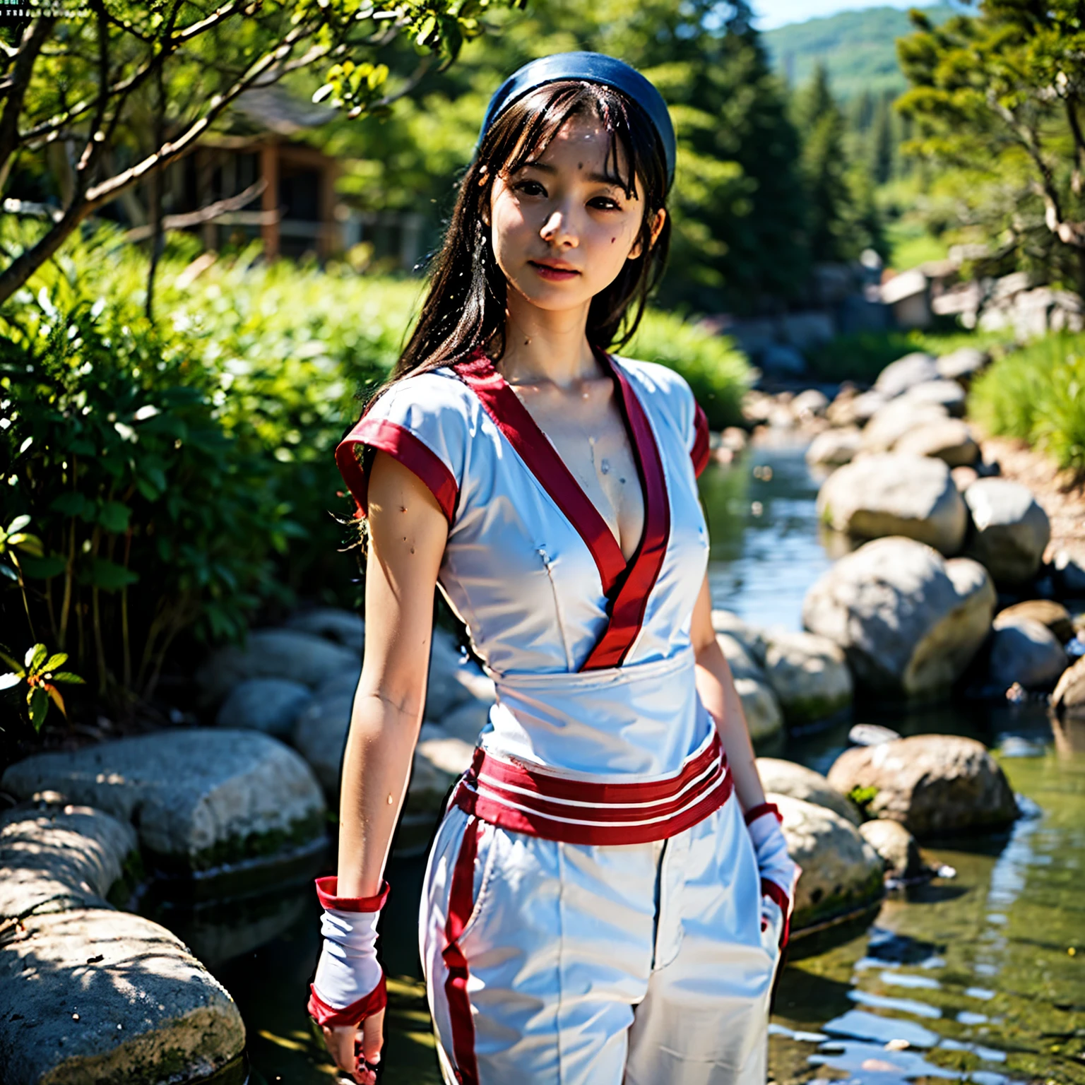 (masterpiece, best quality:1.2), (8k uhd, 16k, 32k, ultra high res), (photorealistic:1.4), Standing, poised by the shining lakeside water with a view of the castle, elf, , skinny body, flat chest, 1 girl, Clear stream deep in the mountains、drop down、bathing、confused, light smile, official art,赤いbow, bow, hair length, hair ribbon, wet clothes、wet skin、Ainu costume, solo, hair band, bird, black haired, Fingerless gloves, short sleeve, gloves, pants, bangs, 赤いhair band, brown eyes, 白いpants, generally, (small breasts、chest exposure、barefootで、barefoot:1.5)、dramatic light and shadow、solar flare、Lens flare、blurred foreground、(movie lighting)、soft lighting、dynamic english、movie lighting、dynamic angle