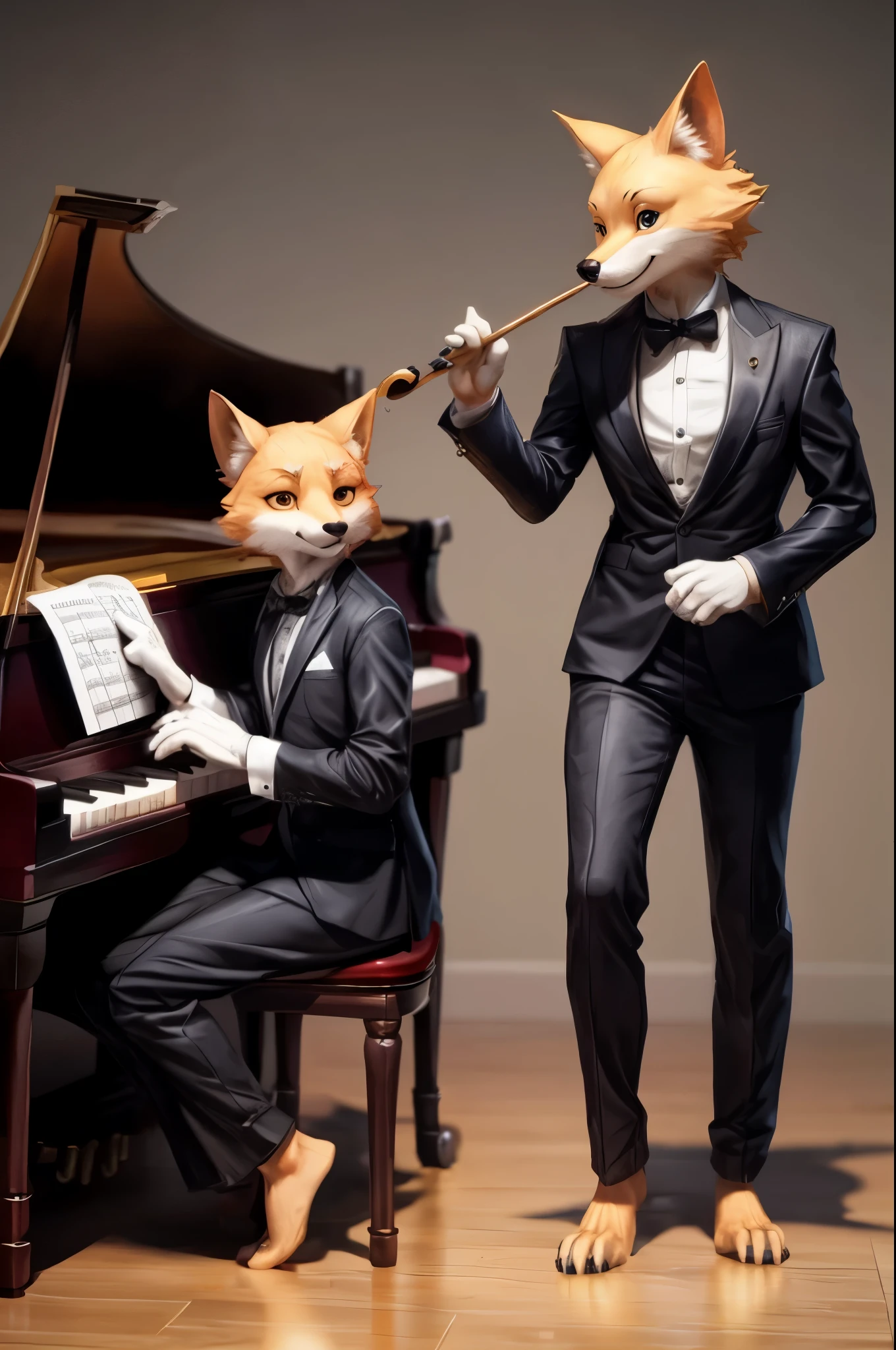 (((Barefoot furry character, full body, furry male, cinematic.))) Passionate beefy old fox music teacher wearing a tailcoat and holding a conductor's baton and young vixen pianist. This fox represents the evil embodiment of music art as a school subject, depicting stereotypes and prejudices towards music teachers. Evil smile, gold colored iris of eyes, claret colored fur. Background is music class. It should include musical notes, sheet music, and instruments like pianos etc. Nice big feet paws. BREAK, detailed background, 8K, (masterpiece:1.5), intricate details, highly detailed, extreme detail, octane render, Professional Photography, fine art, best quality, highres, (detailed face:1.5), ((full_body)), UHD, (((perfect hands)))