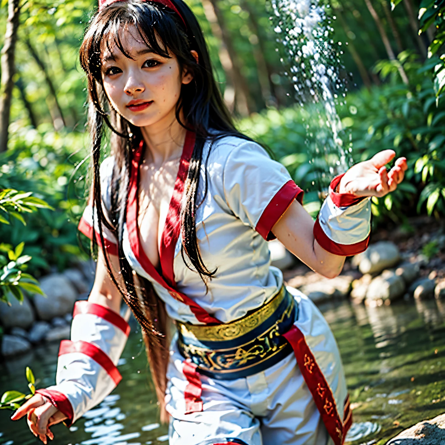 (masterpiece, best quality:1.2), (8k uhd, 16k, 32k, ultra high res), (photorealistic:1.4), Standing, poised by the shining lakeside water with a viewof the castle, elf, , skinny body, flat chest, one girl, clear stream deep in the mountains, falling, bathing, confused, light smile, official art, red bow, bow, hair length, hair ribbon, wet clothes, wet skin, ainu costume, solo, hair band, birds, black hair,Fingerless Gloves, Short Sleeves, Gloves, Pants, Bangs, Red Hairband, Brown Eyes, White Pants, General, (Small Breasts, Exposed Breasts, Barefoot, Barefoot:1.5), Dramatic Light and Shadow, Solar Flare, Lens Flare, Blurred Foreground, (Film Lighting), Soft Lighting, Dynamic English, Filmlighting, dynamic angles.