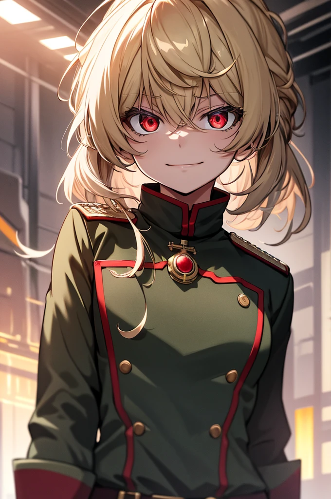 (masterpiece, best quality: 1.1), 1girl solo, tanya, 1girl, solo, , flat chest, small breasts, curvy, military, military uniform, ,, evil smile, wicked expression, anger, red eyes, neutral lighting