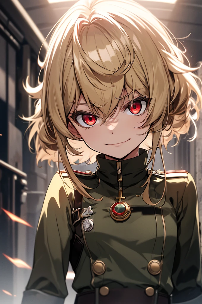 (masterpiece, best quality: 1.1), 1girl solo, tanya, 1girl, solo, , flat chest, small breasts, curvy, military, military uniform, ,, evil smile, wicked expression, anger, red eyes, neutral lighting