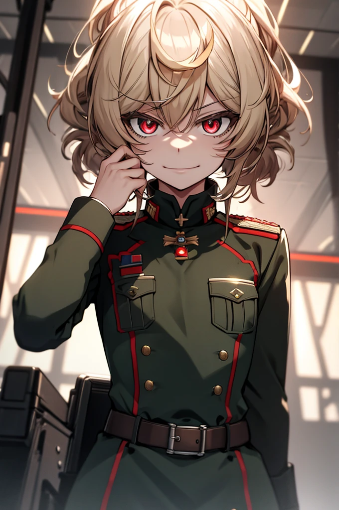 (masterpiece, best quality: 1.1), 1girl solo, tanya, 1girl, solo, , flat chest, small breasts, curvy, military, military uniform, ,, evil smile, wicked expression, anger, red eyes, neutral lighting