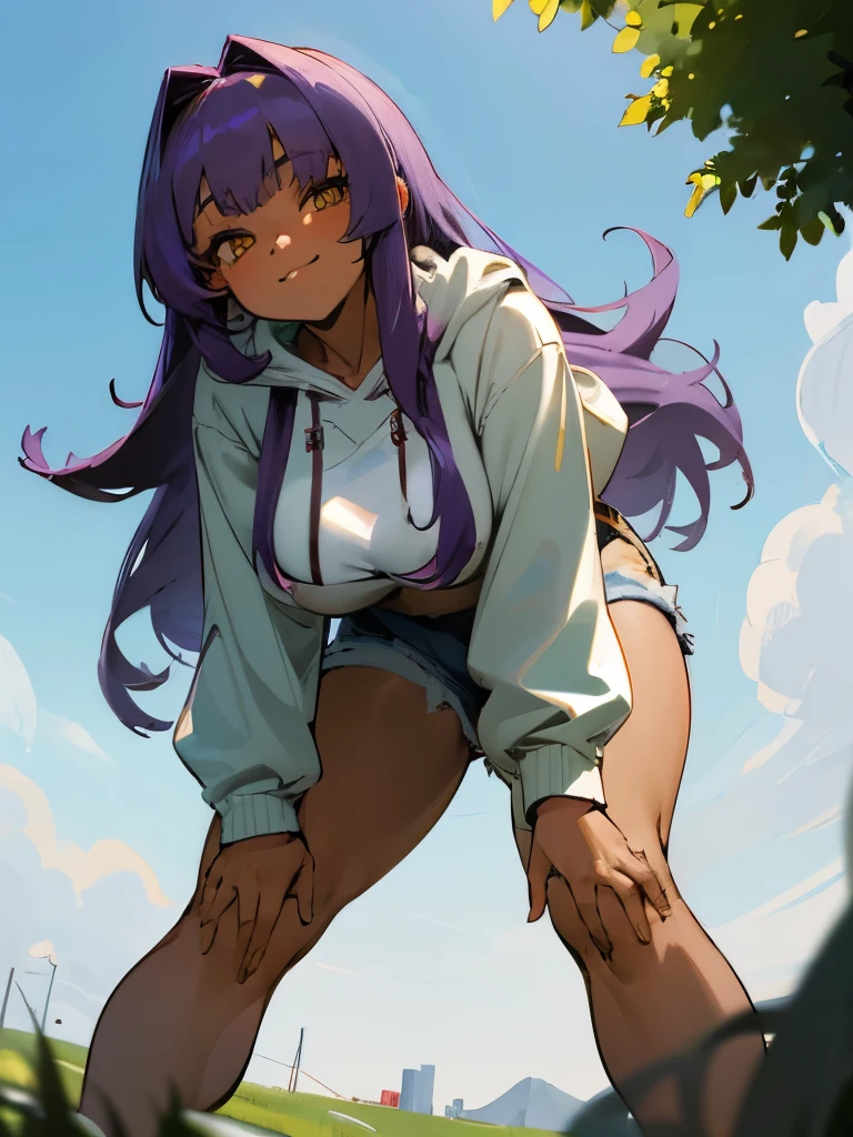masterpiece, perfect, anime girl, anime female, busty, curvy, purple hair, want hair, long hair, yellow eyes, dark skin, tan skin, thick thighs, anime girl, beautiful anime girl, huge breasts, anime giantess, giantess, low angle, fit, beautiful, lowest angle, giantess anime woman, light purple hair, outside, outdoors, detailed shading, beautiful anime woman, fluffy bangs, gentle giantess, warm colours, casual outfit, denim shorts, white hoodie, dark green jacket, extreme low angle, looking down at viewer, busty, curvy, fashionable, leaning towards viewer, leaning down, bending down, standing in grass, sky in background, friendly, smiling gently at viewer