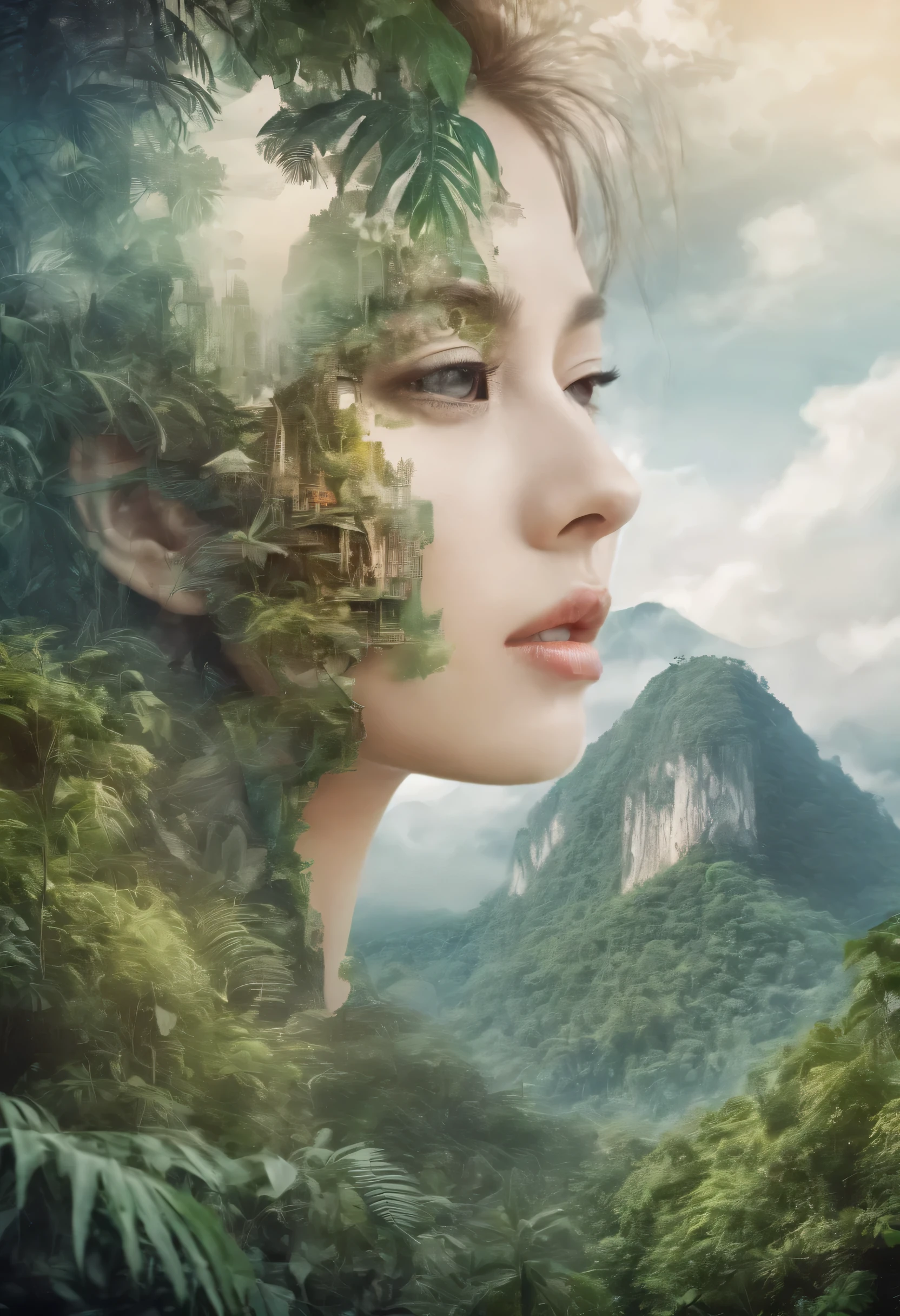 Dubrec style,Beautiful close-up of face,Jungle mountains image foreground,(multiple exposure:1.8),Complex illustrations in surreal art style,The surreal dream is so shocking 32k