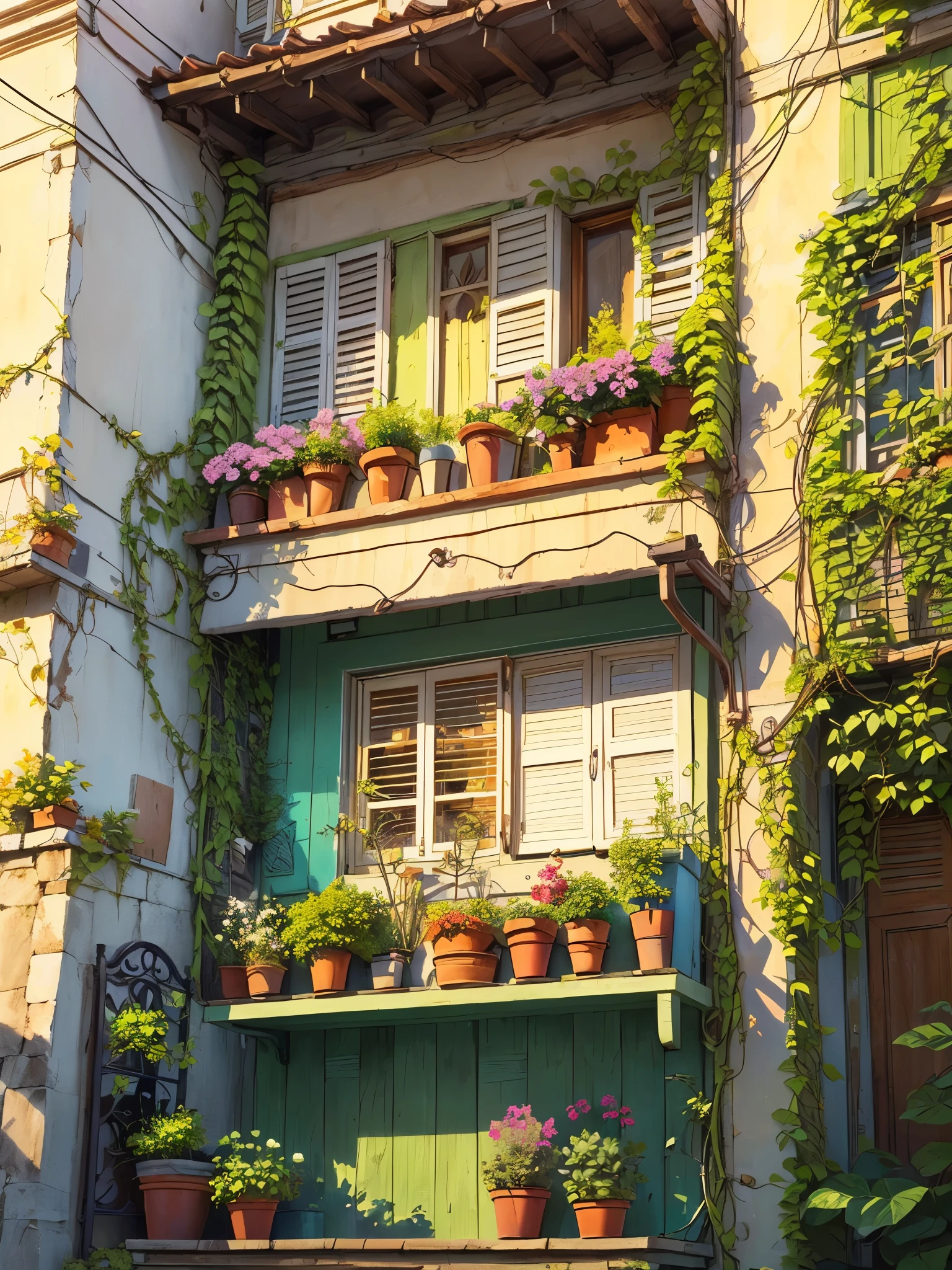 (masterpiece:1), (full view:1.5), (a charming cobblestone plant nursery street in Italy:1.6), (tropical flora:1.3), silence, (Vibrant bougainvillea spill over wrought-iron balconies:1.4), (Potted palms line the sidewalk:1.2), magnificent sky, (Dim volumetric light:1.4), peaceful, (beautiful scattered cloudy sky), (beautiful tones:1.5), (peaceful ambience :1.4), (calmness: 1.4), (Decorative terracotta pots overflow with exotic blooms:1.3), (beautiful aesthetics:1.2), (Brightly painted shutters frame windows adorned with trailing vines:1.2), beautiful tones, subtle colors, peaceful, (illustration: 1.0), epic composition, realistic lighting, HD details, masterpiece, best quality, ,(no human:1.7)