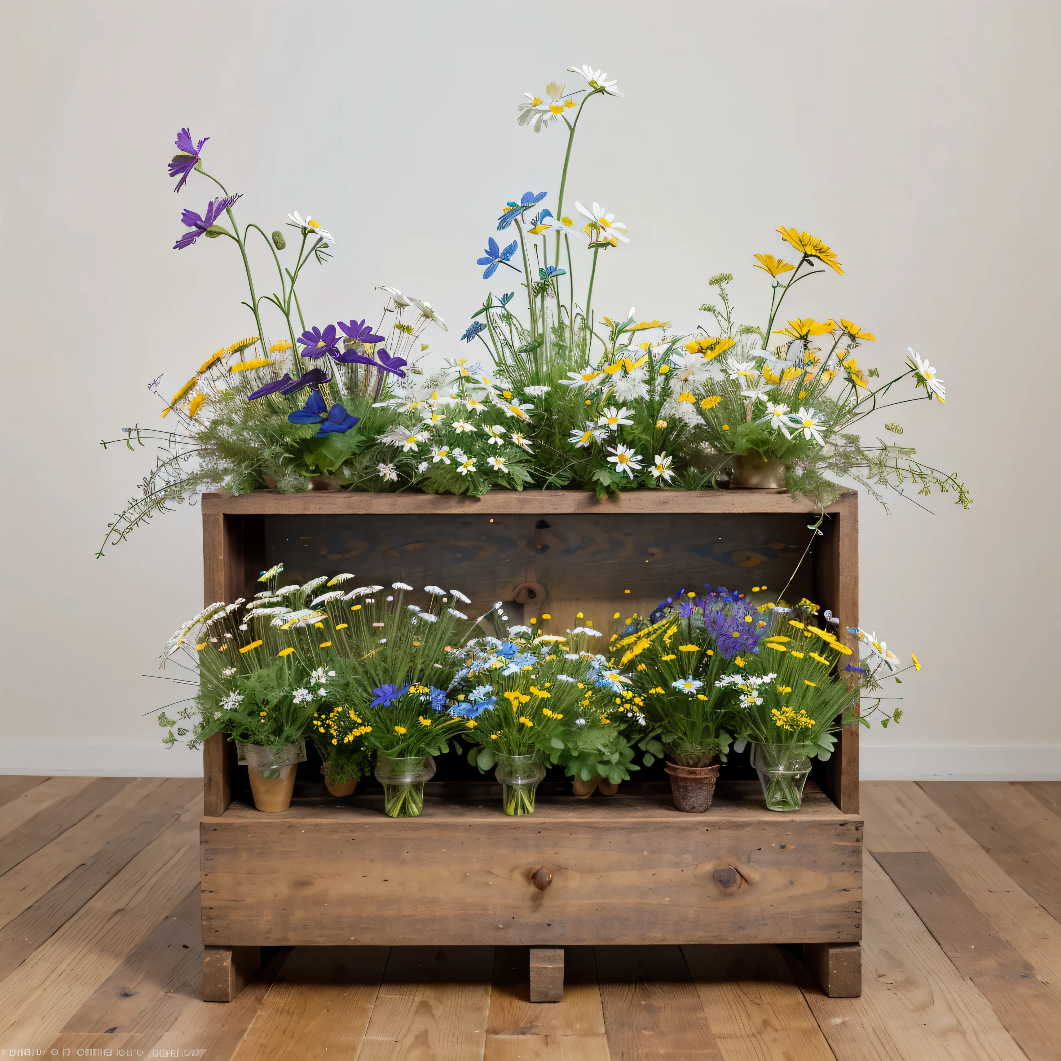 Create a realistic image, arrange a collection of pressed wildflowers with vibrant colors. The flowers should include a mix of blue violets, white daisies, and small clusters of yellow flowers, interspersed with green fern leaves. The arrangement should be natural and scattered, with a focus on showcasing the unique shapes and colors of each flower.
