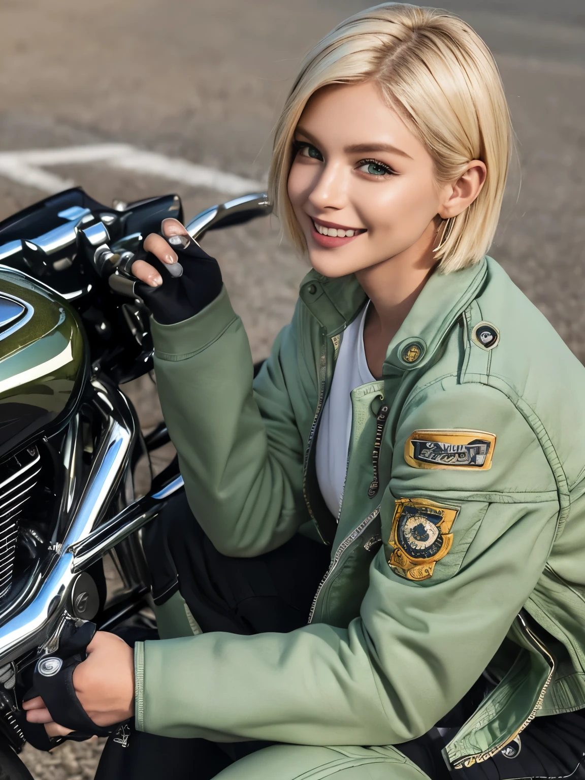 ((highest quality)), ((masterpiece)), (detailed motorcycle), perfect face、Accurate five-fingered hands、double eyelids、small face、blonde、realistic skin texture、full body shot、long legs、Beauty、((light green jacket and pants))、smile、slender body、Moist eyes、((spread legs))、((riding a motorcycle))、short hair