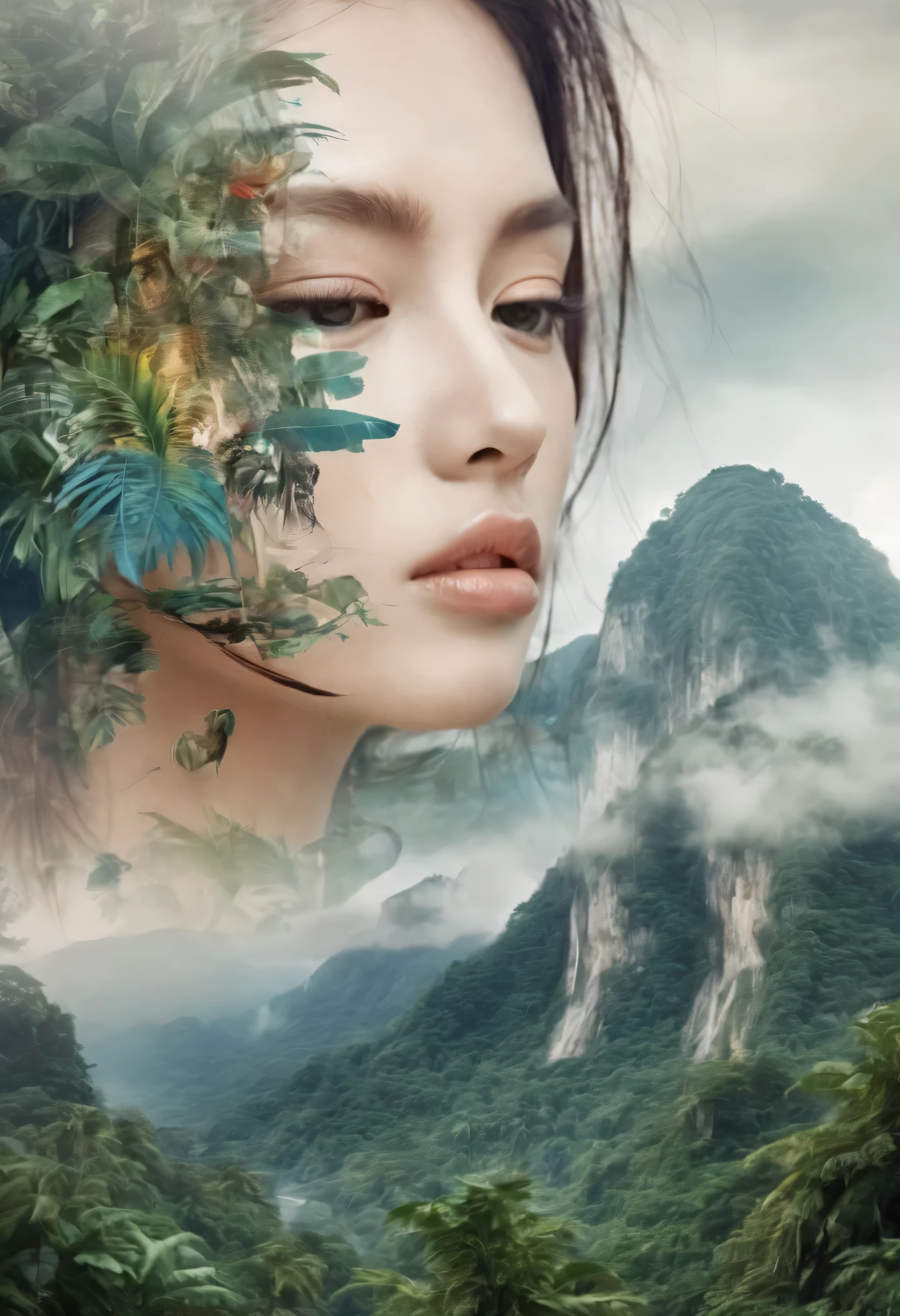 Dubrec style,Beautiful close-up of face,Jungle mountains image foreground,(multiple exposure:1.8),Complex illustrations in surreal art style,The surreal dream is so shocking 32k