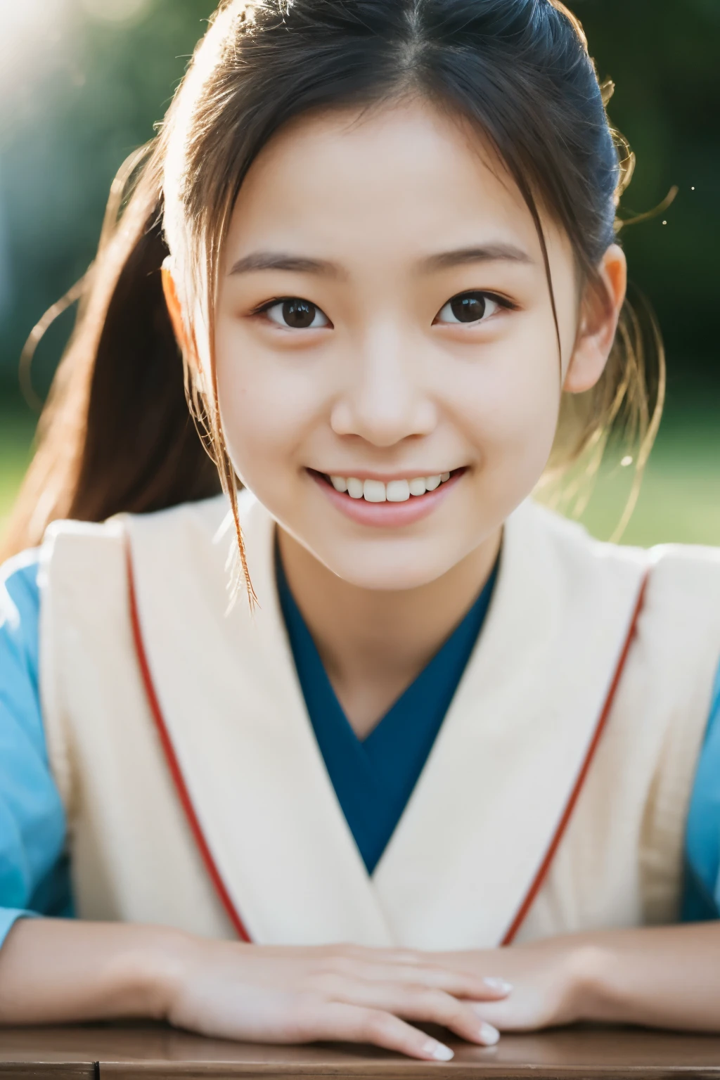Lens 135mm f1.8, (highest quality),(RAW photo), (table top:1.1), (Beautiful 18 year old Japanese girl), cute face,  (deeply carved face:0.7), (freckles:0.6), dappled sunlight, dramatic lighting, (japanese school uniform), (inside the school), shy, ponytail, (Close-up shots of:1.2), (smile),, (sparkling eyes)、(sunlight),