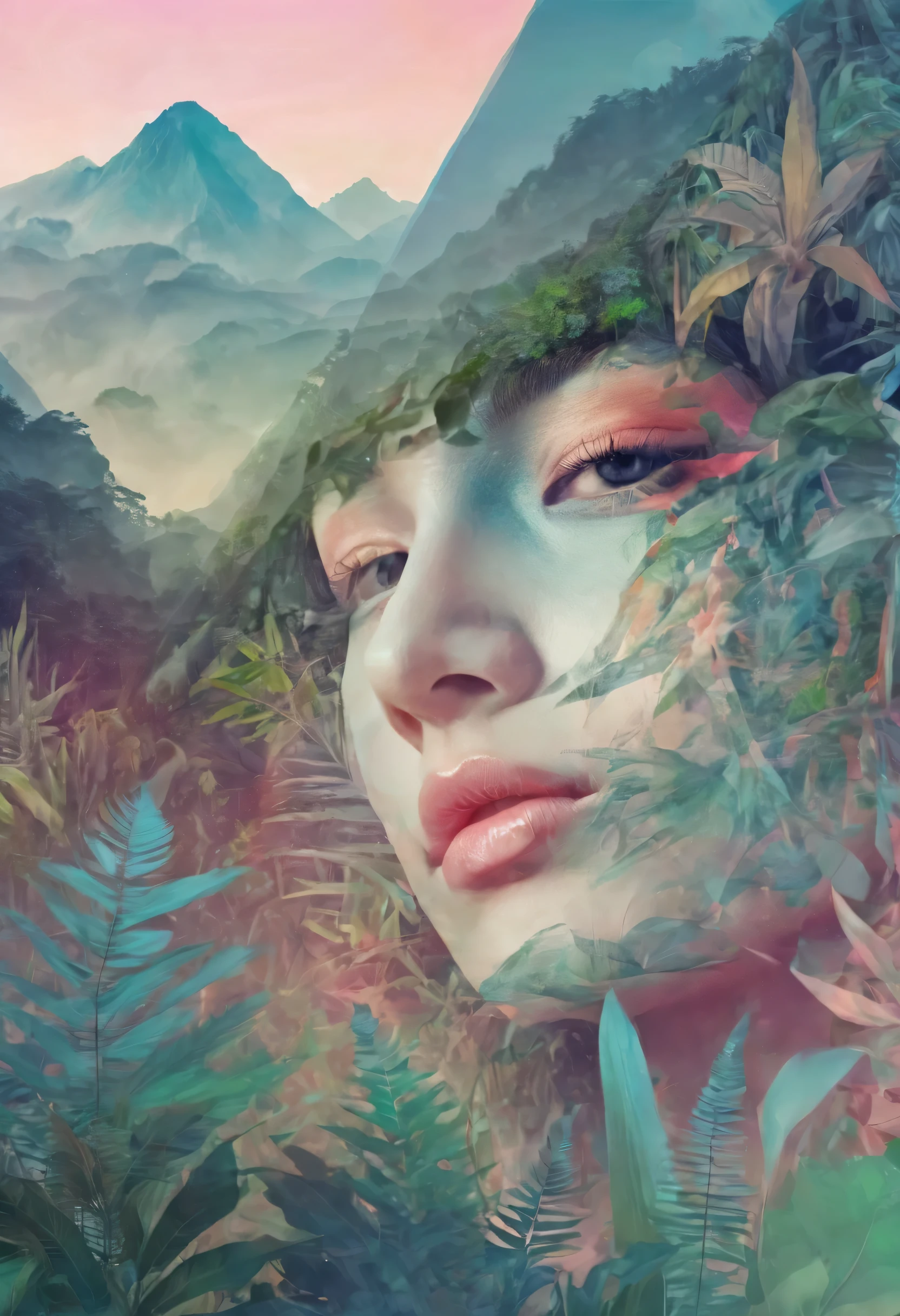 Dubrec style,Beautiful close-up of face,Jungle mountains image foreground,(multiple exposure:1.8),Complex illustrations in surreal art style,The surreal dream is so shocking 32k