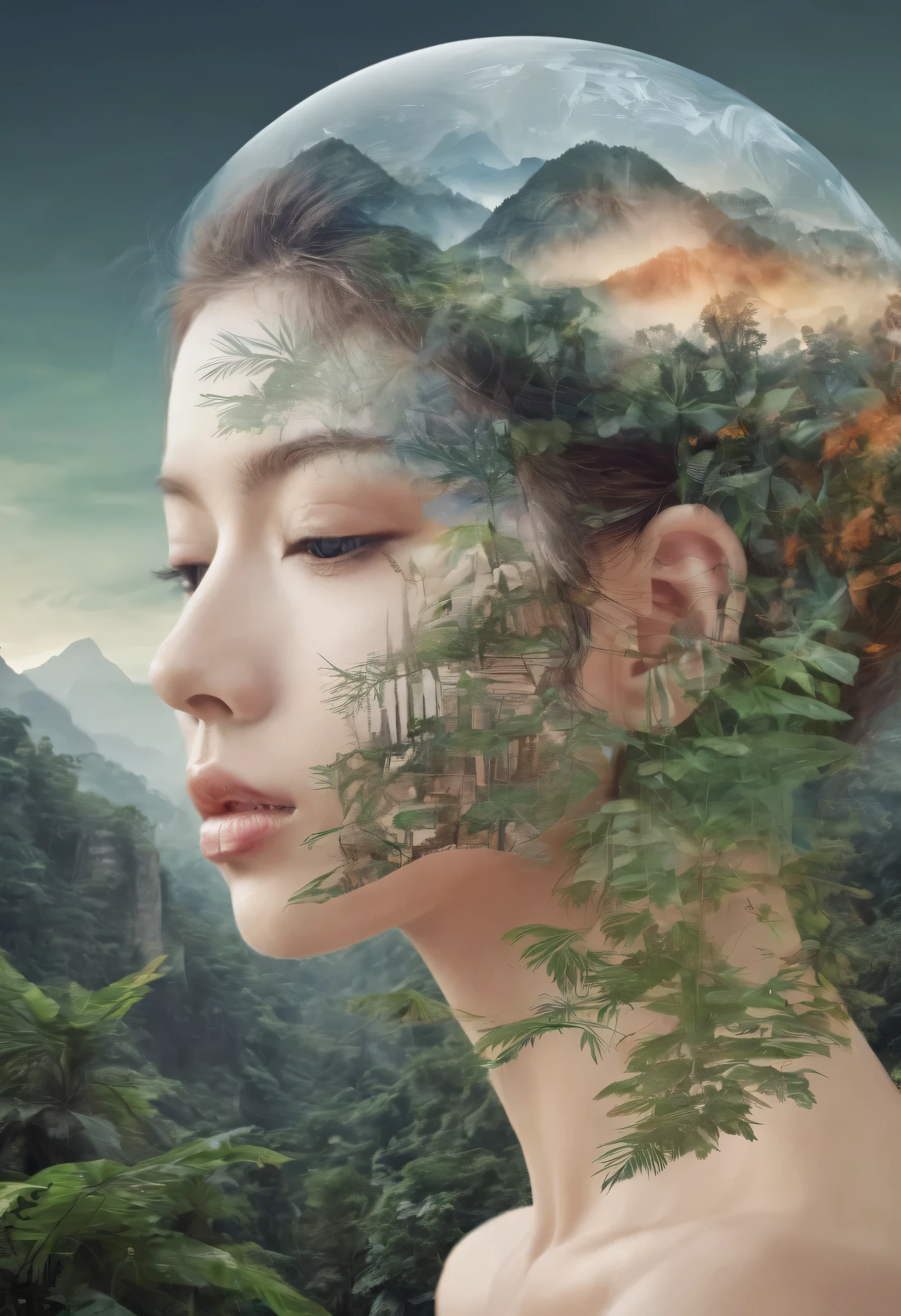 Dubrec style,Beautiful close-up of face,Jungle mountains image foreground,(multiple exposure:1.8),Complex illustrations in surreal art style,The surreal dream is so shocking 32k