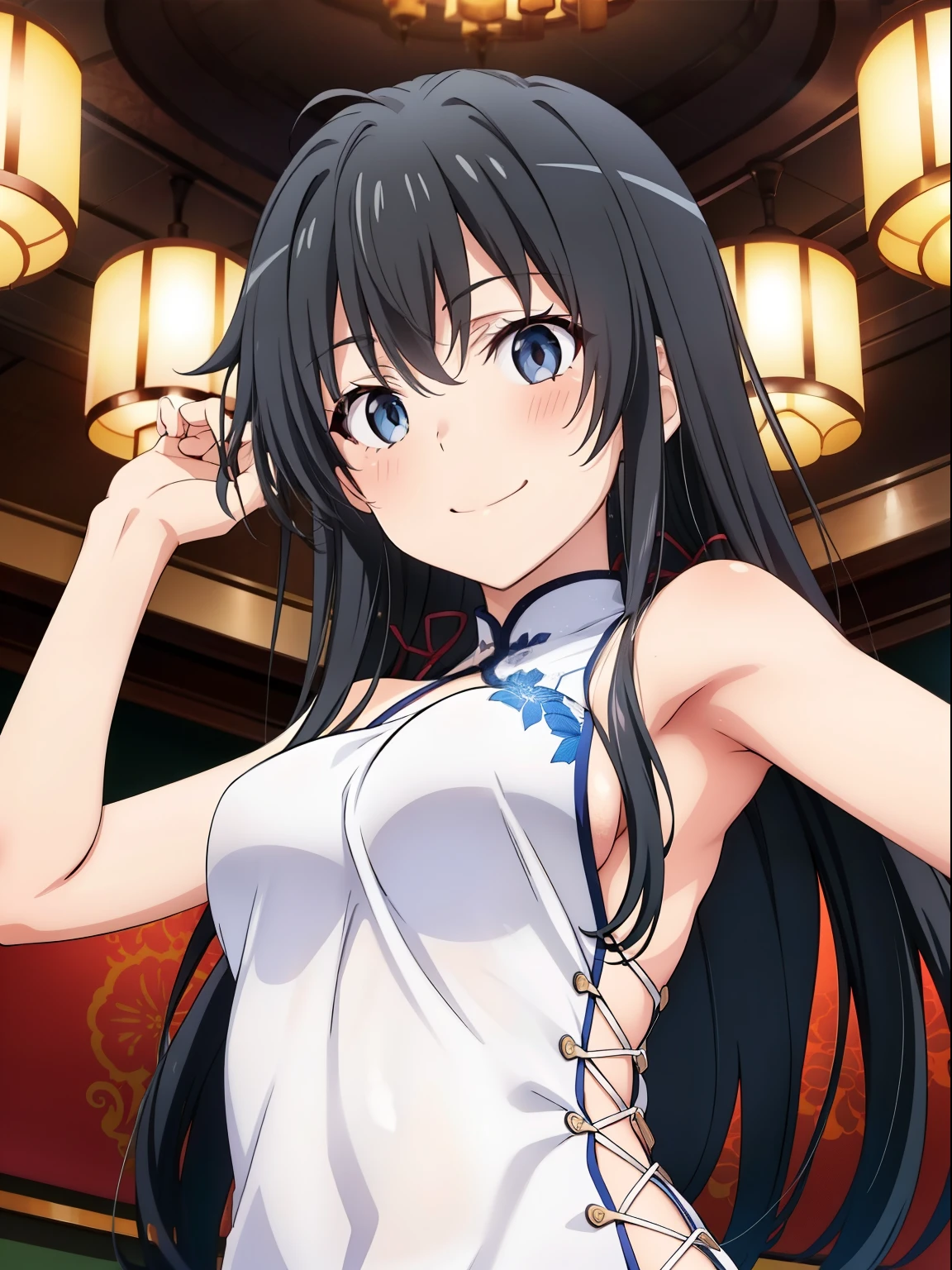 (highest quality, High resolution, perfect pixel, Depth of the bounds written, 4k, beautiful anime girl),  
looking at the viewer, 
perfect body,  

yukinoshita yukino, dark hair, long hair, 

(blush all over the face, smile:1.3), 

casino, 
(oekakizuki china dress), white china dress, 
from below, upper body, arm up, 
flower hair ornament, 