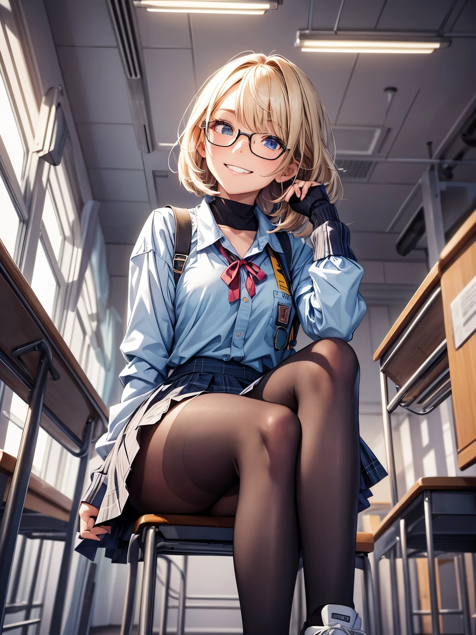 A girl sitting in a classroom, surrounded by desks and chairs. The classroom is filled with natural light coming in through the windows. The girl is 18 years old with blonde short hair, and her hair has a mix of blue color in it. She is sitting on a chair with her legs slightly spread apart. She is wearing glasses and has a mischievous grin smile on her face. Her smile is natural and her makeup is minimal. She is dressed in a high school uniform, consisting of a hoodle, blouse, skirt, neck chokers and black high socks with sneakers.she puts on fingerless gloves,The overall image quality is of the best quality, with ultra-detailed features and photorealistic rendering. The color scheme is vibrant, with a focus on vivid colors. The lighting in the classroom is soft and natural, enhancing the girl's features.