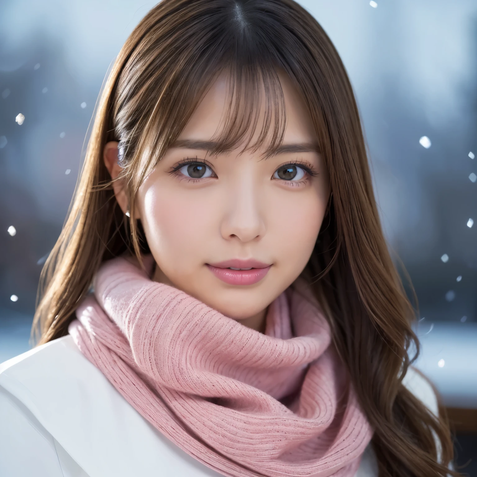 (table top、highest quality、8k、Award-winning work、ultra high resolution)、one beautiful woman、(Red Turtleneck Long Knit Sweater Dress:1.1)、Exactly、brown hair、blonde、(The most natural and accurate pink long scarf:1.2)、Very long wavy hair、epic movie lighting、(romantic love feeling:1.1)、(The most romantic and moody atmosphere:1.1)、winter、snow scene、that'It's snowing、Norwegian city covered in snow、look at me、(thatらに似た巨大な胸'It's going to explode:1.1)、(Most emphasize the body line:1.1)、very long hair、blurred background、accurate anatomy、ultra high definition hair、ultra high resolutionの完璧な美しい歯、Ultra high definition beauty face、ultra high definition hair、Super high-definition sparkling eyes、輝くultra high resolutionの美肌、ultra high resolutionの艶やかな唇、(close up of face:1.3)