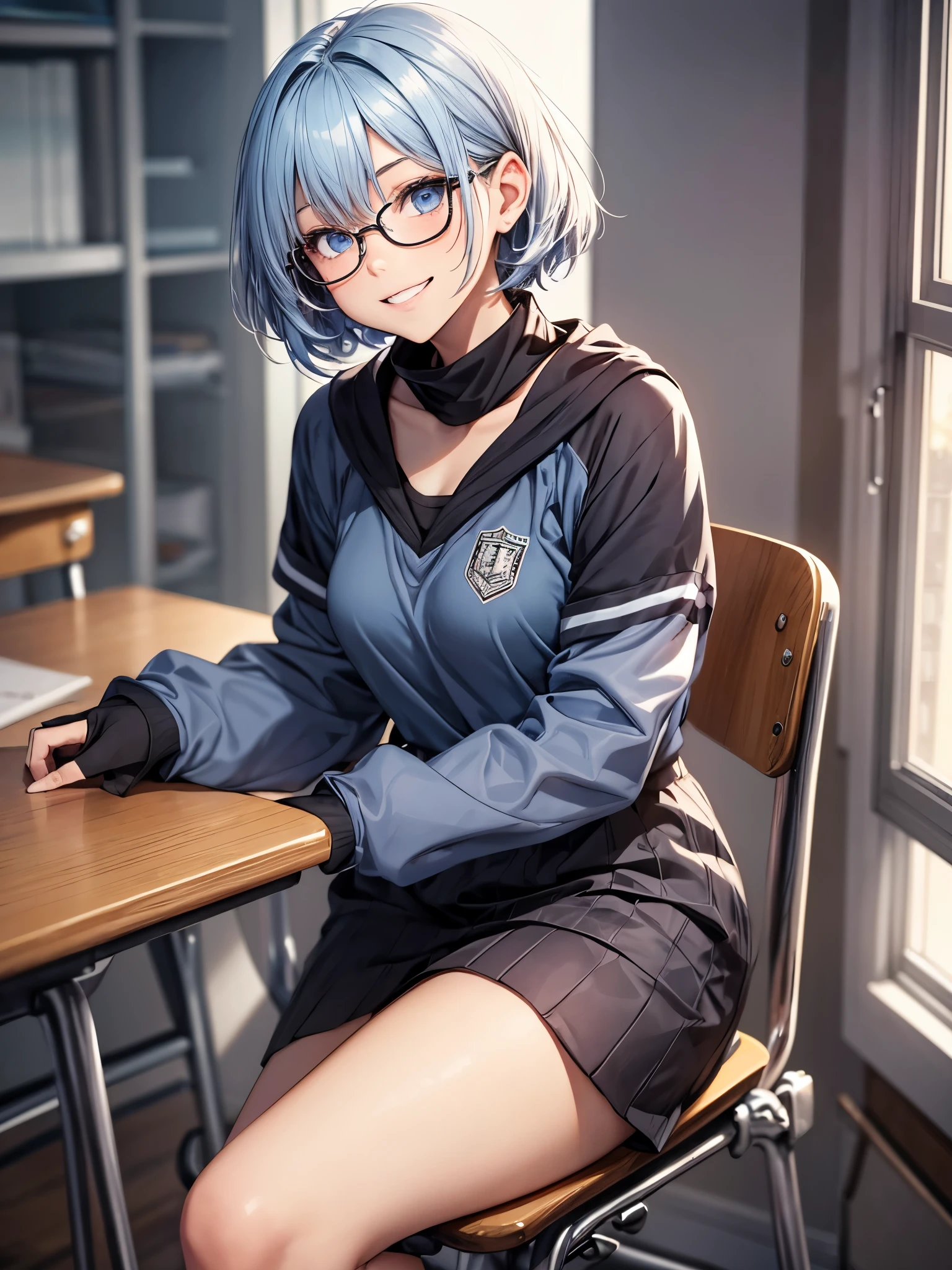 A girl sitting in a classroom, surrounded by desks and chairs. The classroom is filled with natural light coming in through the windows. The girl is 18 years old with blonde short hair, and her hair has a mix of blue color in it. She is sitting on a chair with her legs slightly spread apart. She is wearing glasses and has a mischievous grin smile on her face. Her smile is natural and her makeup is minimal. She is dressed in a high school uniform, consisting of a hoodle, blouse, skirt, neck chokers and black high socks with sneakers.she puts on fingerless gloves,The overall image quality is of the best quality, with ultra-detailed features and photorealistic rendering. The color scheme is vibrant, with a focus on vivid colors. The lighting in the classroom is soft and natural, enhancing the girl's features.