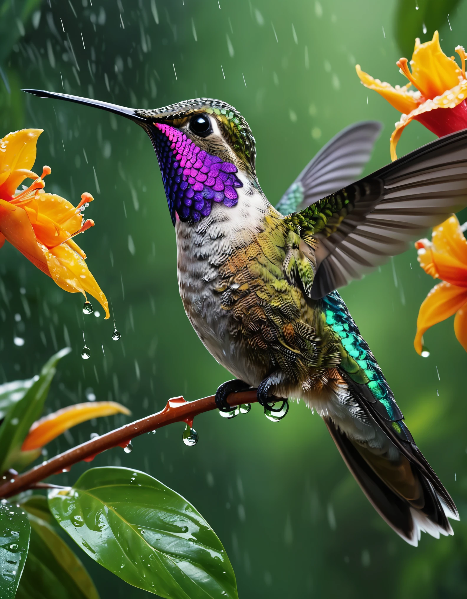 (best quality,4k,8k,highres,masterpiece:1.2),ultra-detailed,(realistic,photorealistic,photo-realistic:1.37),vivid colors,Hummingbird,sharp beak,beautiful feathers,beautiful crafts,complex details,artwork,display,exquisite，rain，Tropical rainforest