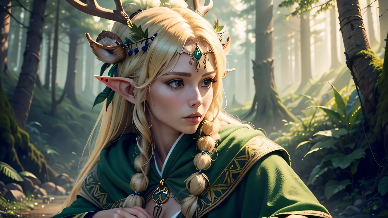 (Best quality,4k,A high resolution,Masterpiece:1.2),ultra detailed,(Realistic:1.37) elf, One, shaman, headdress with deer skull, feathers, blonde hair, huge neat bun, forest background, LF, green robes, sexual, frank 