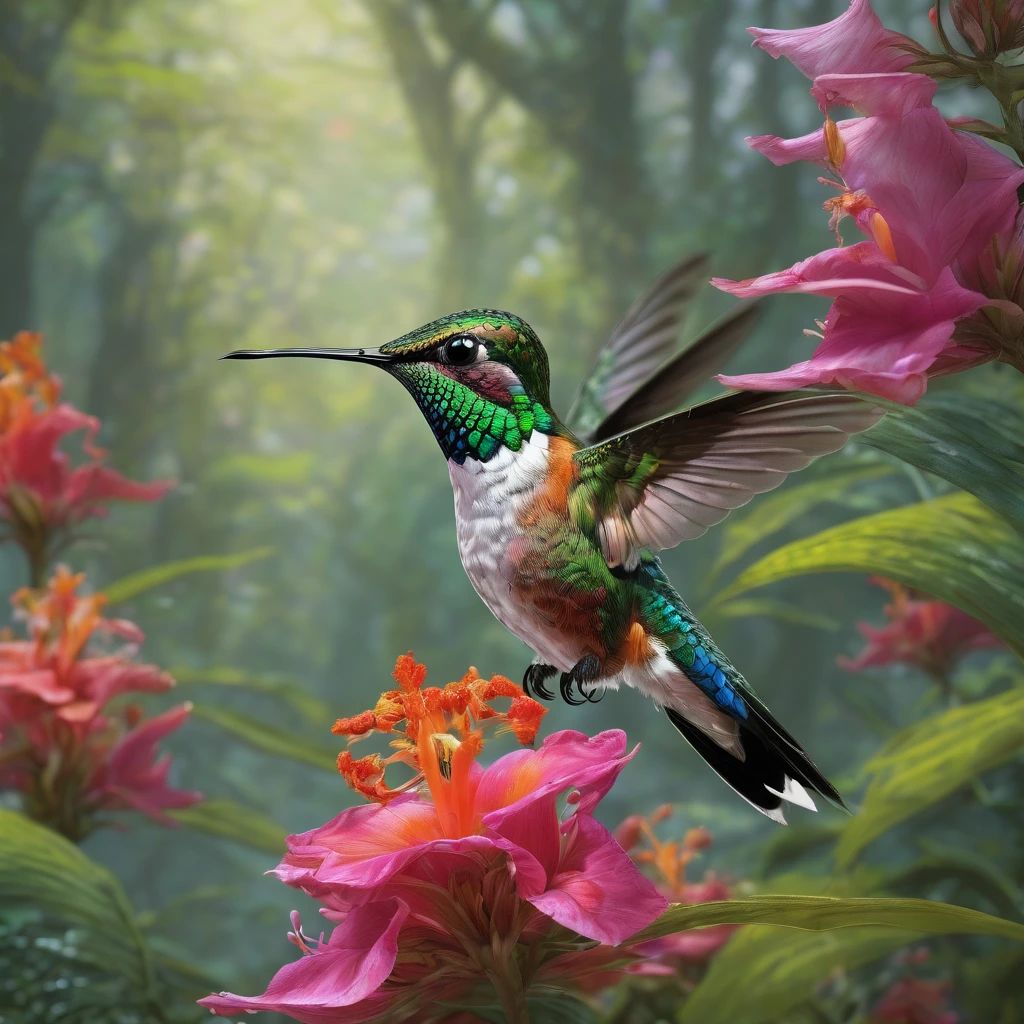 Hummingbird, aesthetic, extremely detailed, hummingbird visiting a tropical flower in a forest, centered, highly detailed, realistic, colorful, ethereal fantasy hyperdetailed mist Thomas Kinkade