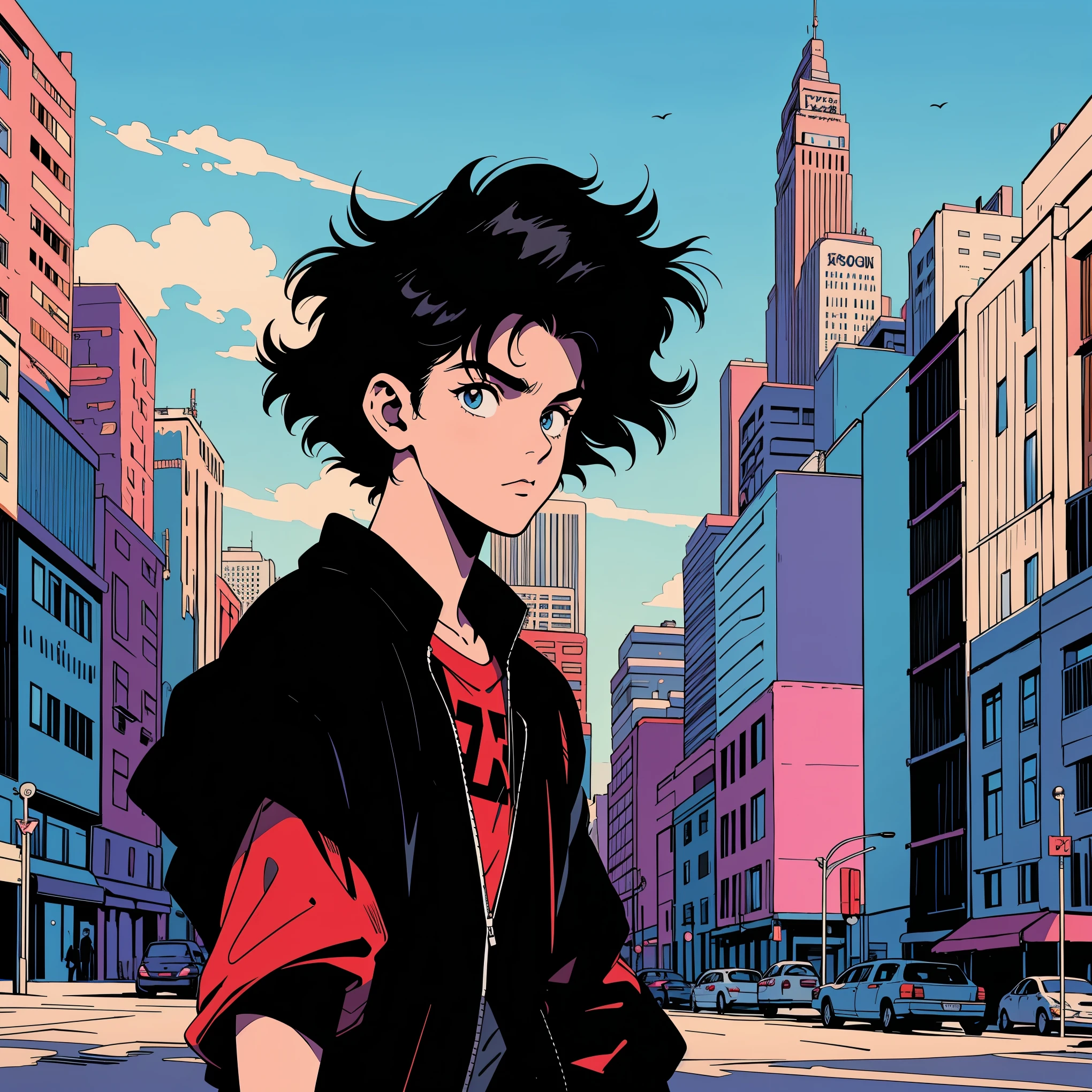 anime 80s, 18 year old goth boy, black hair, wavy hair, short hair, rocker, band shirt, 80s, 90s, boy standing, aesthetic, praise, rock'n'roll boy, light skin, hair black curly hair, 1 boy, in the background big city with snow, standing on the street, cars and buildings in the background  