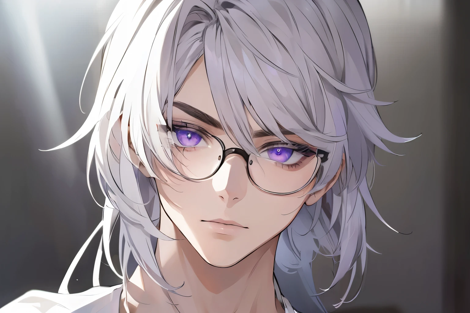 (highres,ultra-detailed), 20-year-old boy, handsome,beautiful detailed eyes,pure white hair,purple eyes,clear glasses