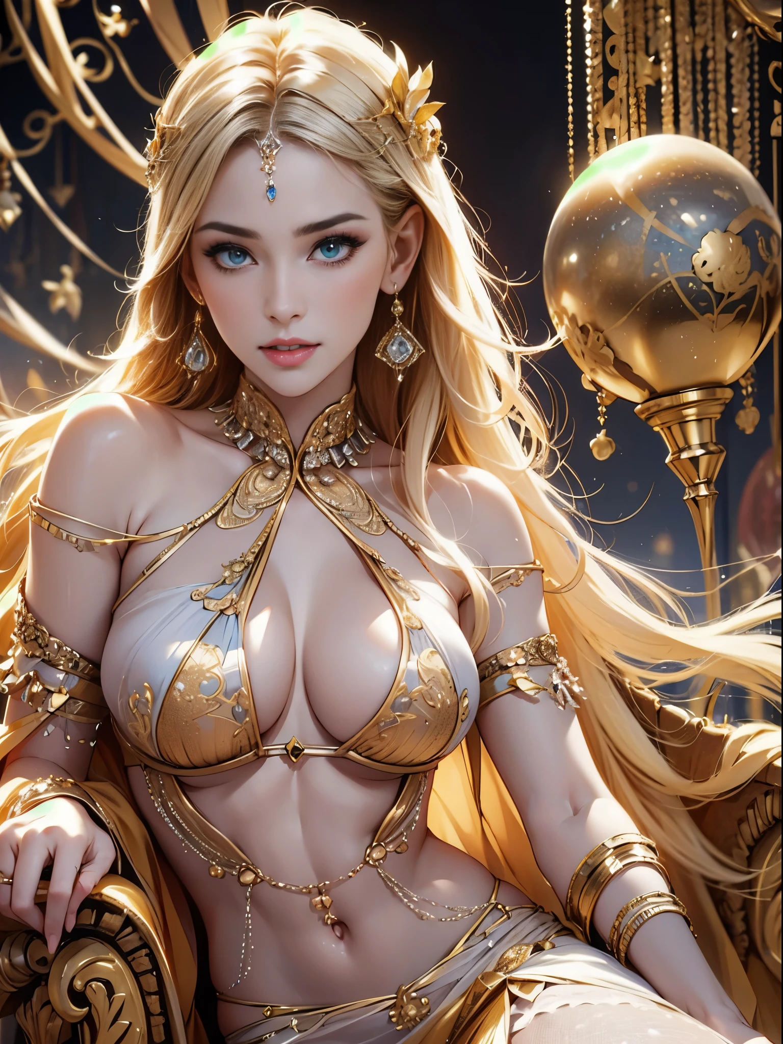 ((Beautiful princess))8K、An ultra-high picture quality、Ultra-realistic detailasutepiece、3d rendered、Golden decoration、(The chest is wide open:0.8)、(Skin revealing:1.2)、Sit in a plush chair、Crisp skin、Beautiful body curves、Smiling、