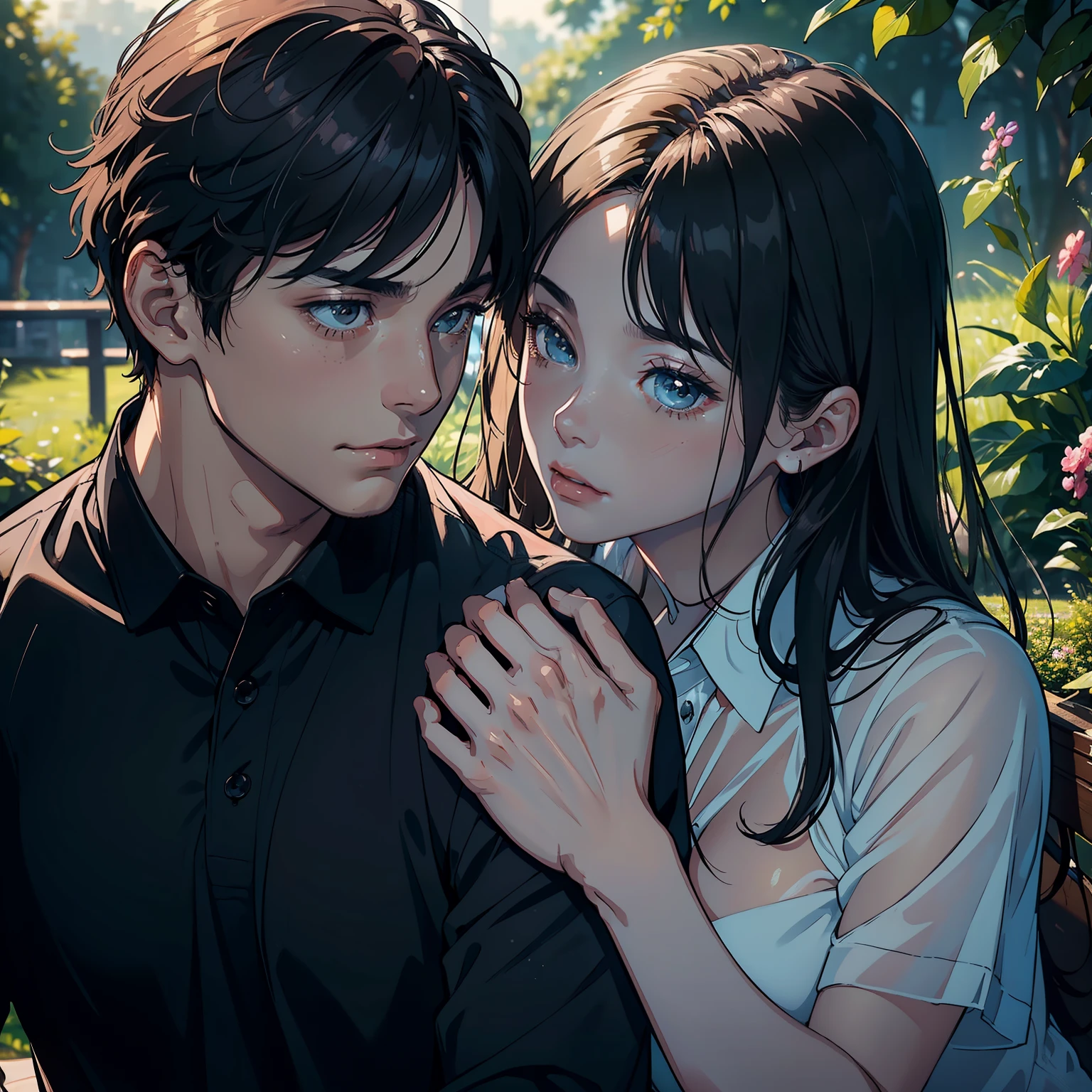 (Masterpiece, High Quality, photograph-realistic), two romantic figures, Man and Woman, Each wearing black polo shirts with initials, His bearing an 'A' and Hers an 'M' [Smooth, luminous skin], (Cinematic lighting), (Depth of field), Detailed and intricately embroidered initials, (Passionate gaze), (Close-up), Intimate moment shared between the couple, (Lush l greenery in the background), (Softly blurred, dreamlike atmosphere), ( emission of love)